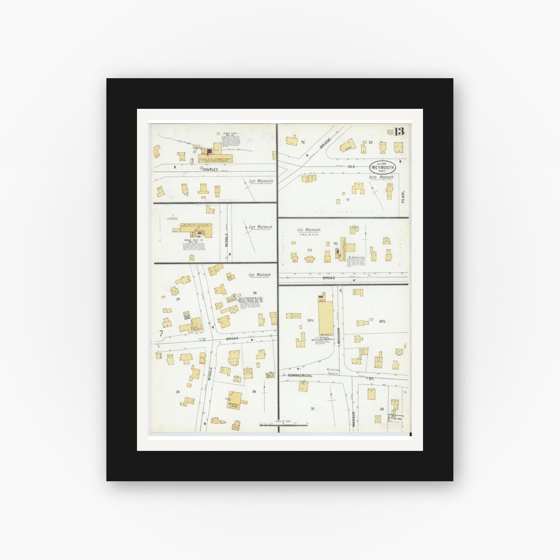 Old map wall art mockup — black gallery frame with white mat — Sanborn Fire Insurance Map from Weymouth, Norfolk County, Massachusetts (1899), Sheet #0013