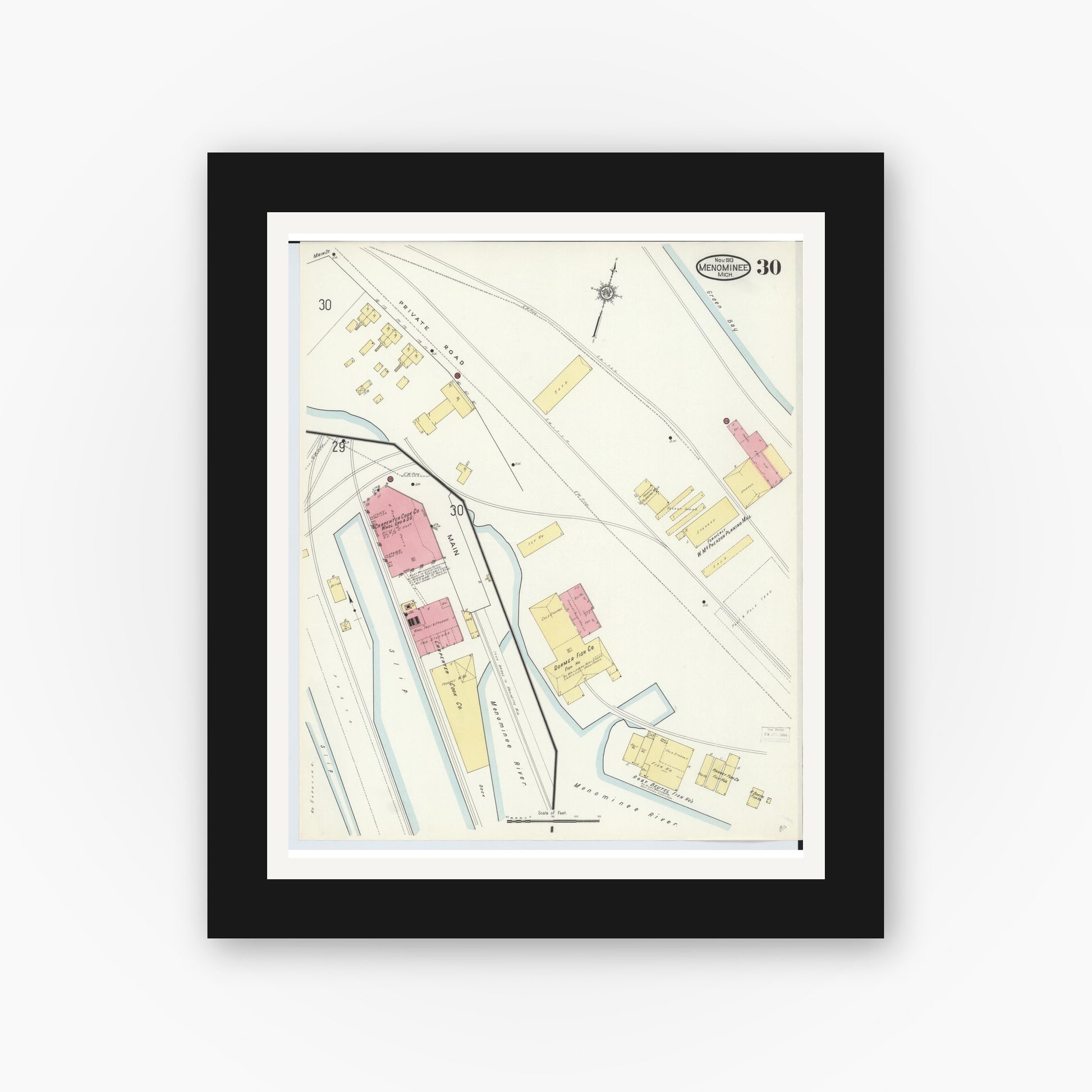 Old map wall art mockup — black gallery frame with white mat — Sanborn Fire Insurance Map from Menominee, Menominee County, Michigan (1913), Sheet #0030