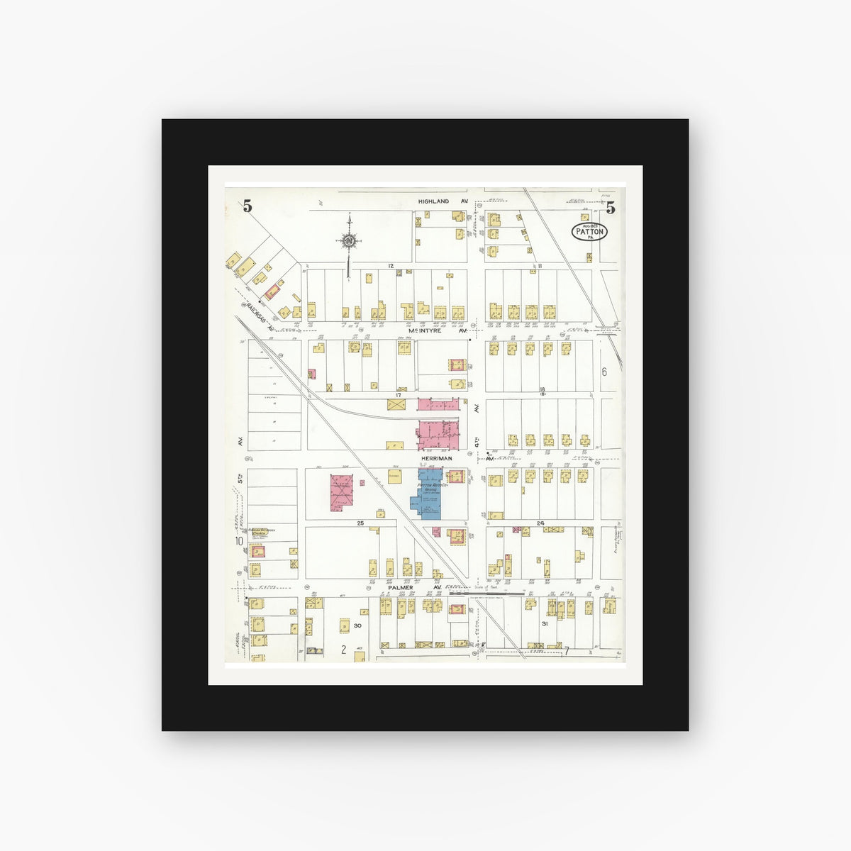 Old map wall art mockup — black gallery frame with white mat — Sanborn Fire Insurance Map from Patton, Cambria County, Pennsylvania (1923), Sheet #0005