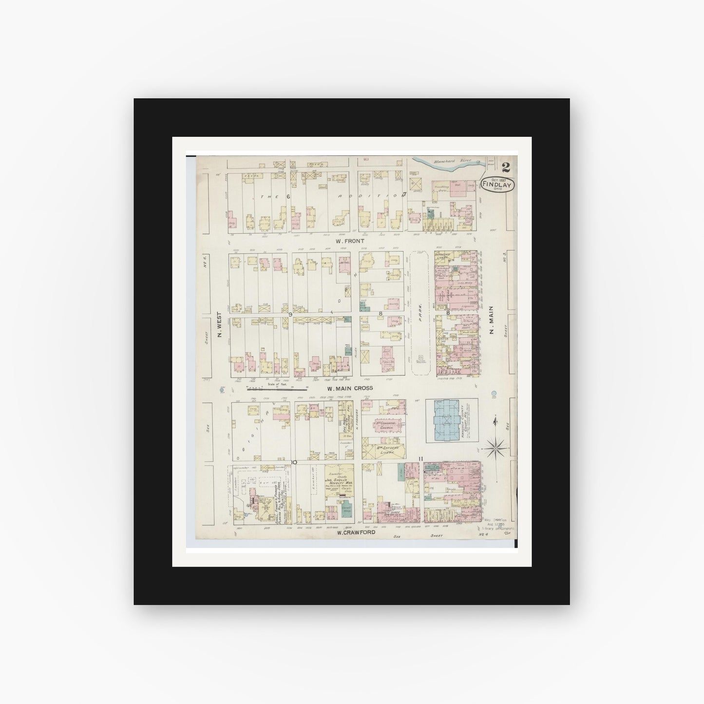 Old map wall art mockup — black gallery frame with white mat — Sanborn Fire Insurance Map from Findlay, Hancock County, Ohio (1887), Sheet #0002