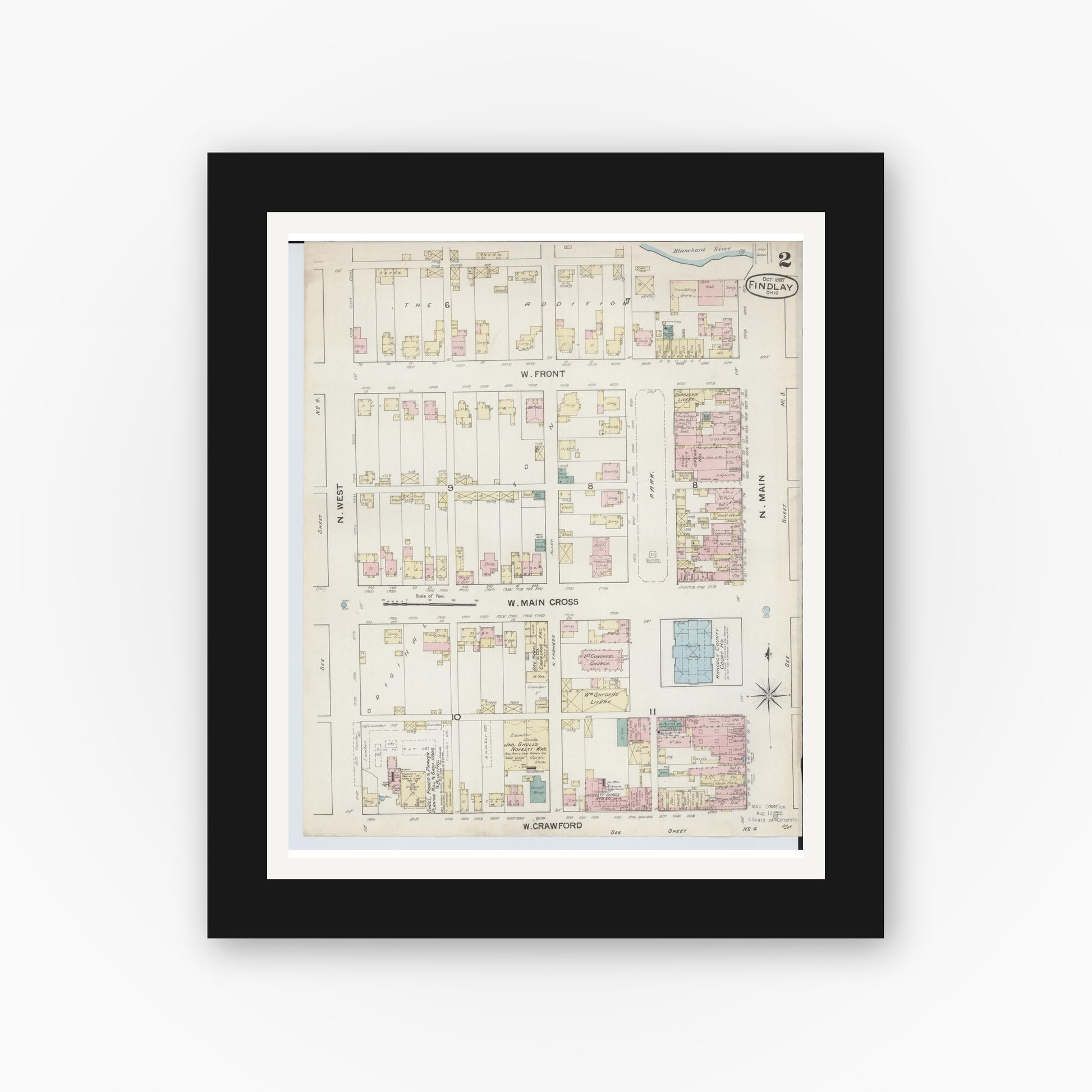 Old map wall art mockup — black gallery frame with white mat — Sanborn Fire Insurance Map from Findlay, Hancock County, Ohio (1887), Sheet #0002