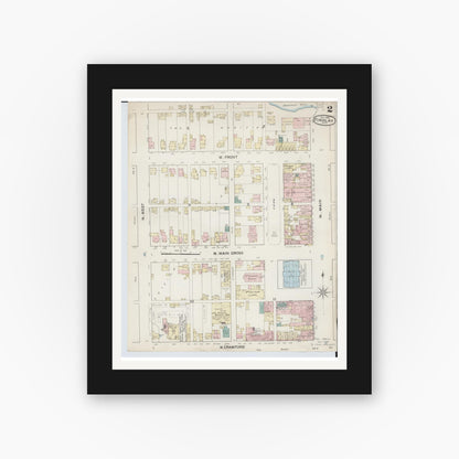 Old map wall art mockup — black gallery frame with white mat — Sanborn Fire Insurance Map from Findlay, Hancock County, Ohio (1887), Sheet #0002