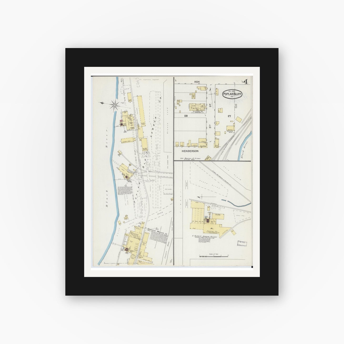 Old map wall art mockup — black gallery frame with white mat — Sanborn Fire Insurance Map from Poplar Bluff, Butler County, Missouri (1892), Sheet #0004