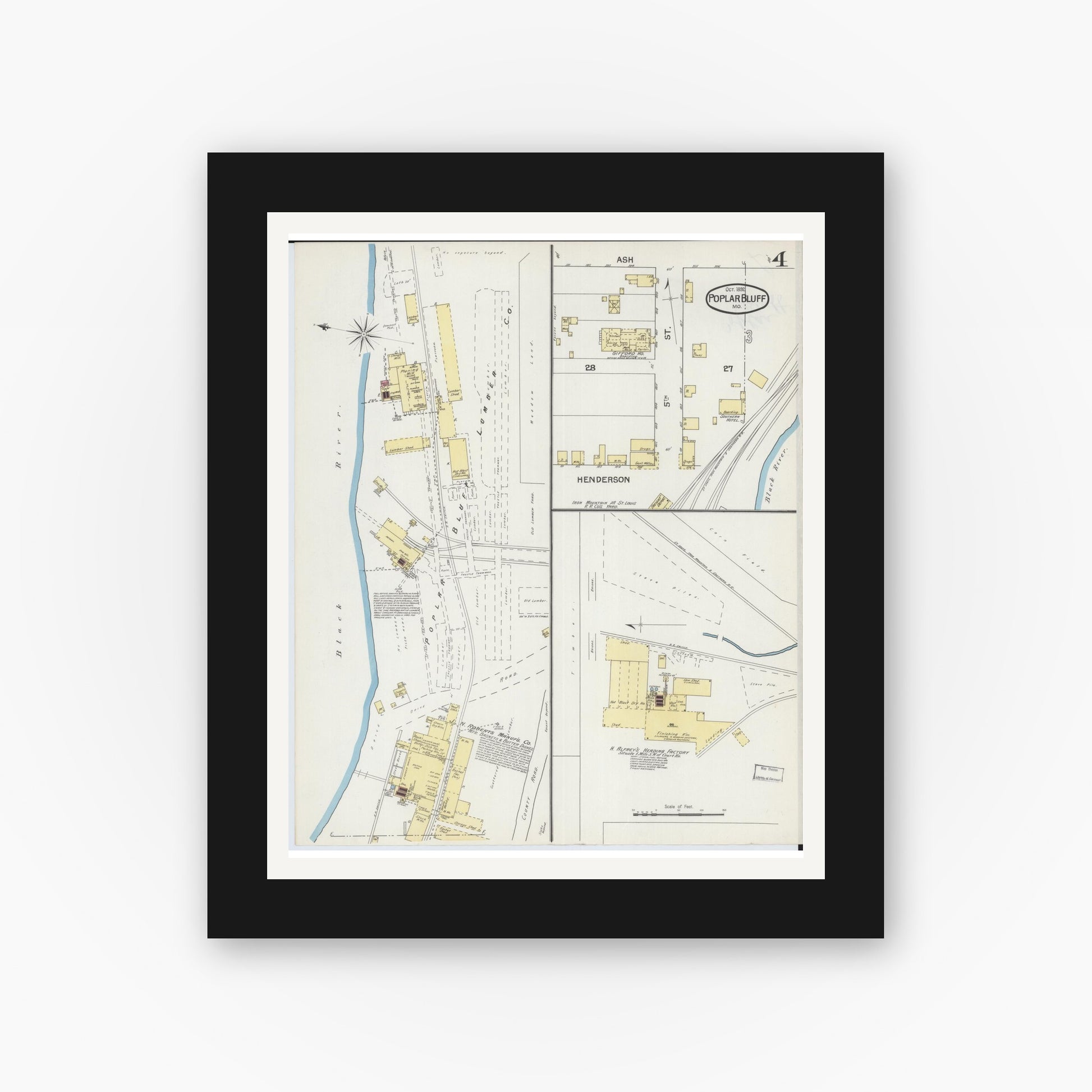 Old map wall art mockup — black gallery frame with white mat — Sanborn Fire Insurance Map from Poplar Bluff, Butler County, Missouri (1892), Sheet #0004