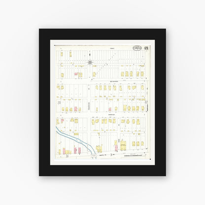 Old map wall art mockup — black gallery frame with white mat — Sanborn Fire Insurance Map from Fort Madison, Lee County, Iowa (1907), Sheet #0021