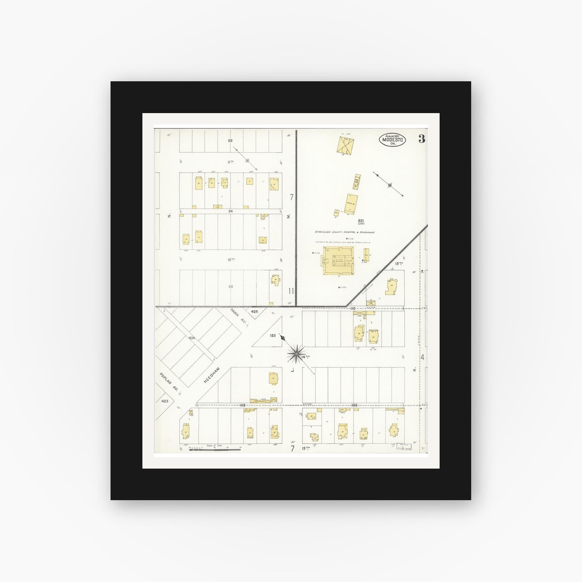 Old map wall art mockup — black gallery frame with white mat — Sanborn Fire Insurance Map from Modesto, Stanislaus County, California (1907), Sheet #0003
