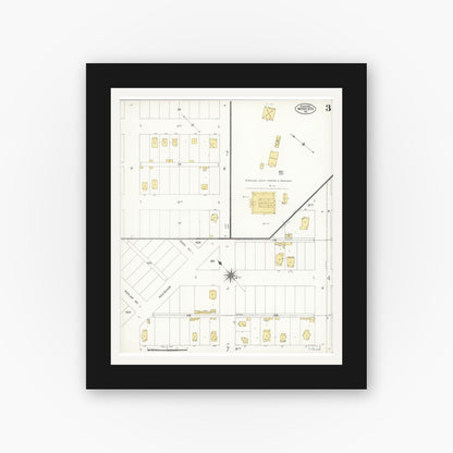 Old map wall art mockup — black gallery frame with white mat — Sanborn Fire Insurance Map from Modesto, Stanislaus County, California (1907), Sheet #0003
