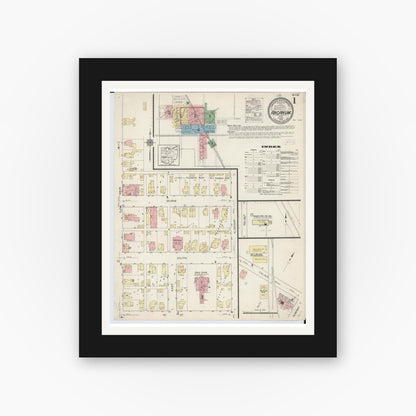 Old map wall art mockup — black gallery frame with white mat — Sanborn Fire Insurance Map from Arcanum, Darke County, Ohio (1914), Sheet #0001