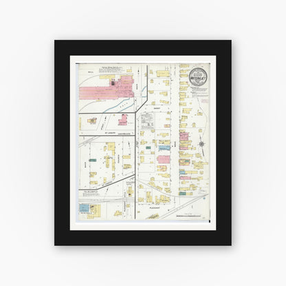 Old map wall art mockup — black gallery frame with white mat — Sanborn Fire Insurance Map from Watervliet, Berrien County, Michigan (1909), Sheet #0001