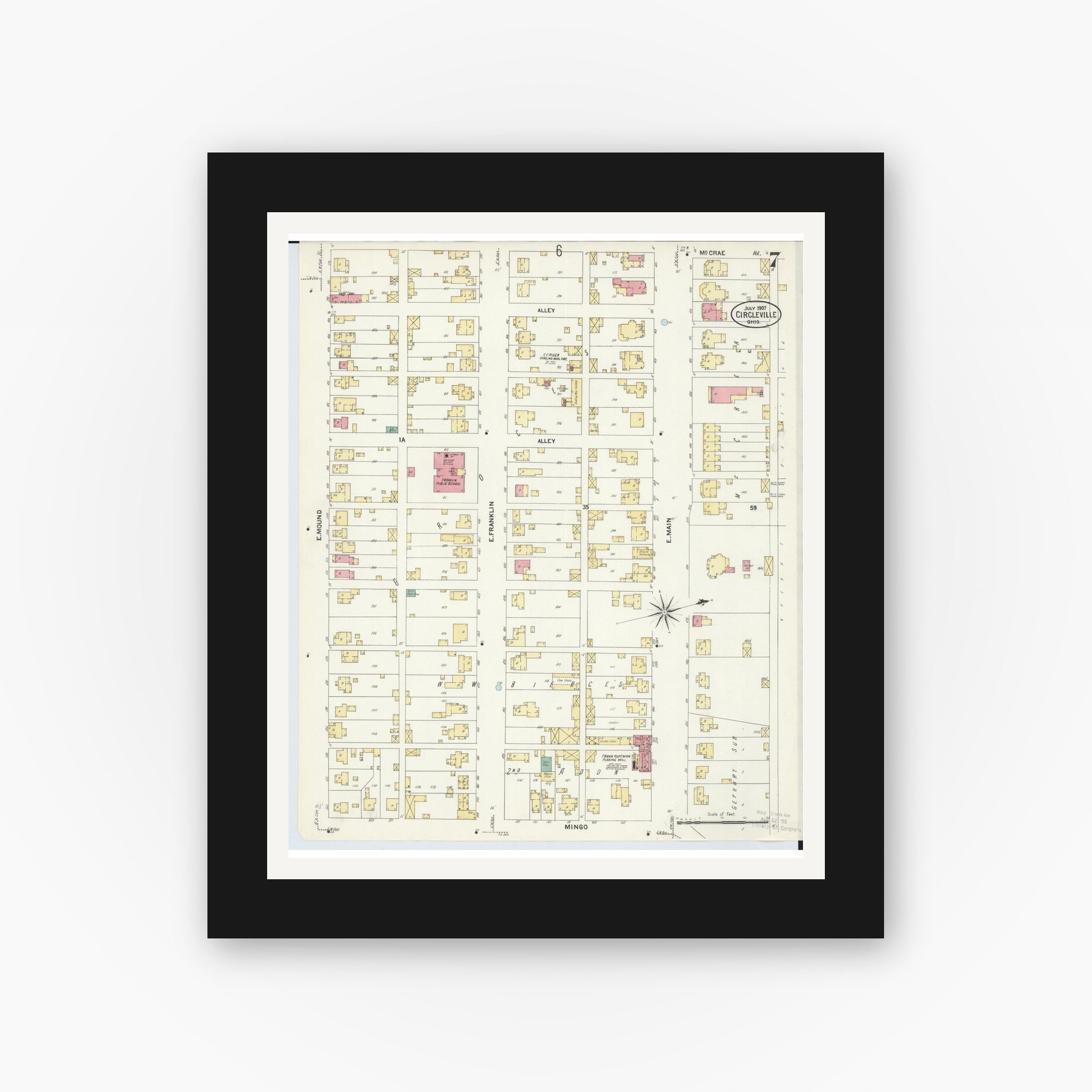 Old map wall art mockup — black gallery frame with white mat — Sanborn Fire Insurance Map from Circleville, Pickaway County, Ohio (1907), Sheet #0007