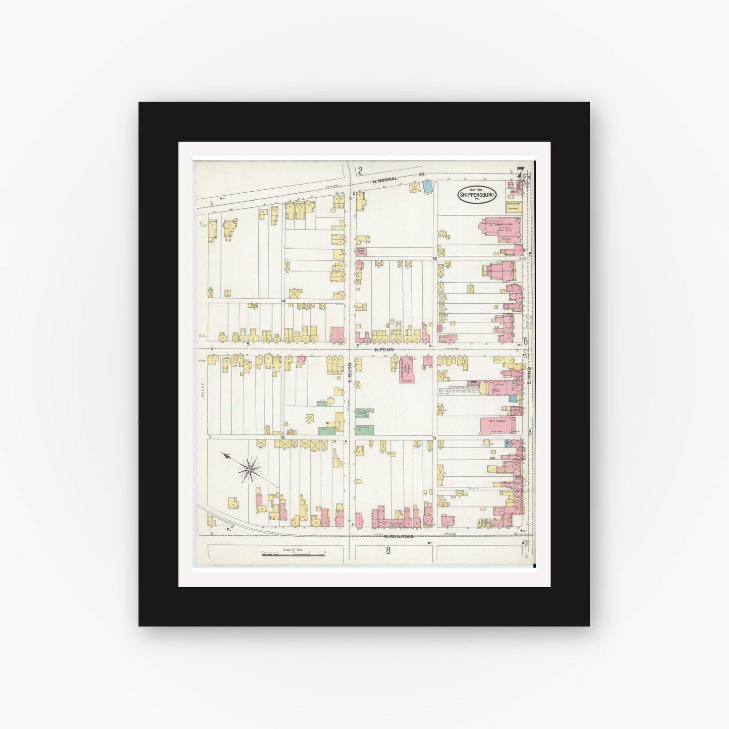 Old map wall art mockup — black gallery frame with white mat — Sanborn Fire Insurance Map from Shippensburg, Cumberland And Franklin Counties, Pennsylvania (1904), Sheet #0007