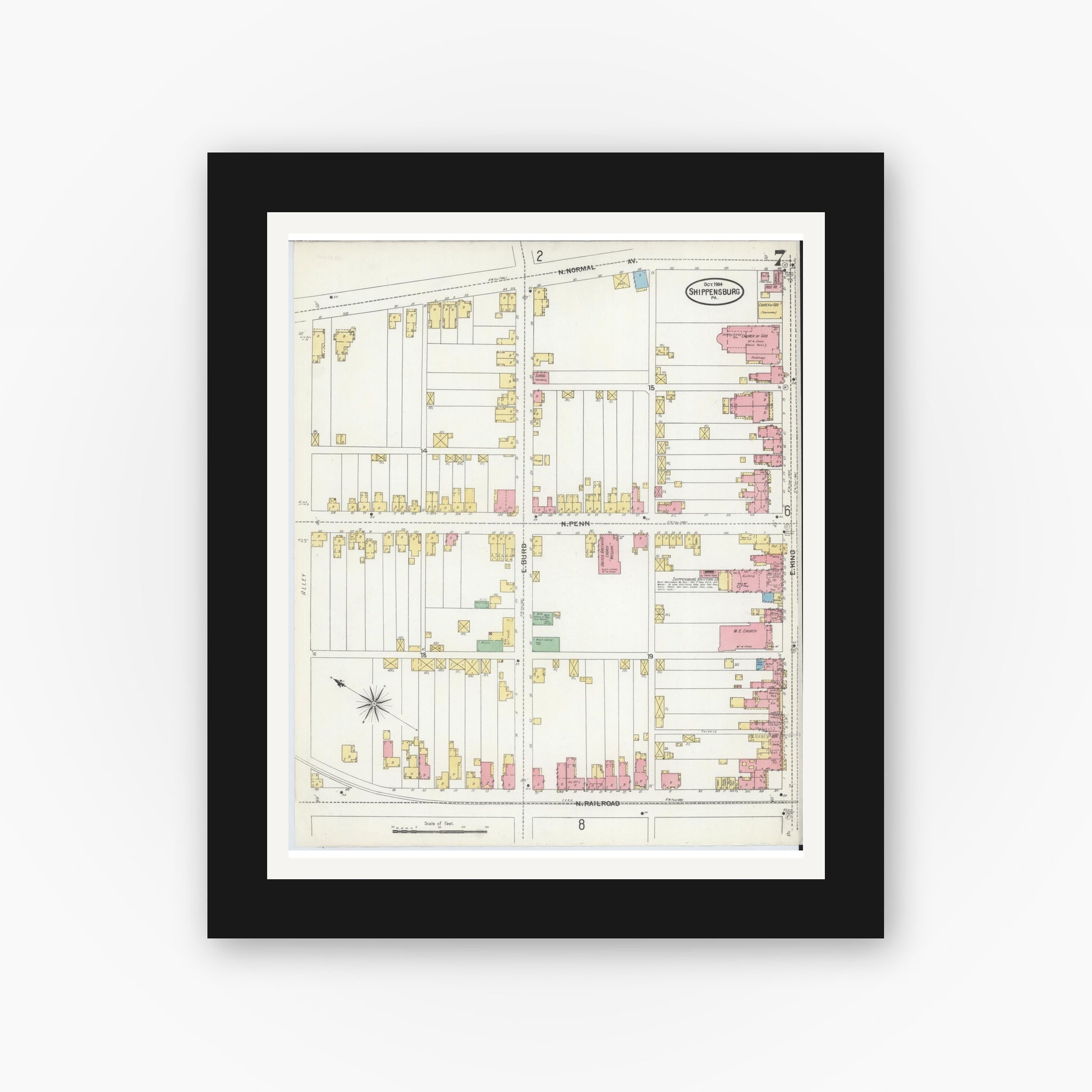Old map wall art mockup — black gallery frame with white mat — Sanborn Fire Insurance Map from Shippensburg, Cumberland And Franklin Counties, Pennsylvania (1904), Sheet #0007