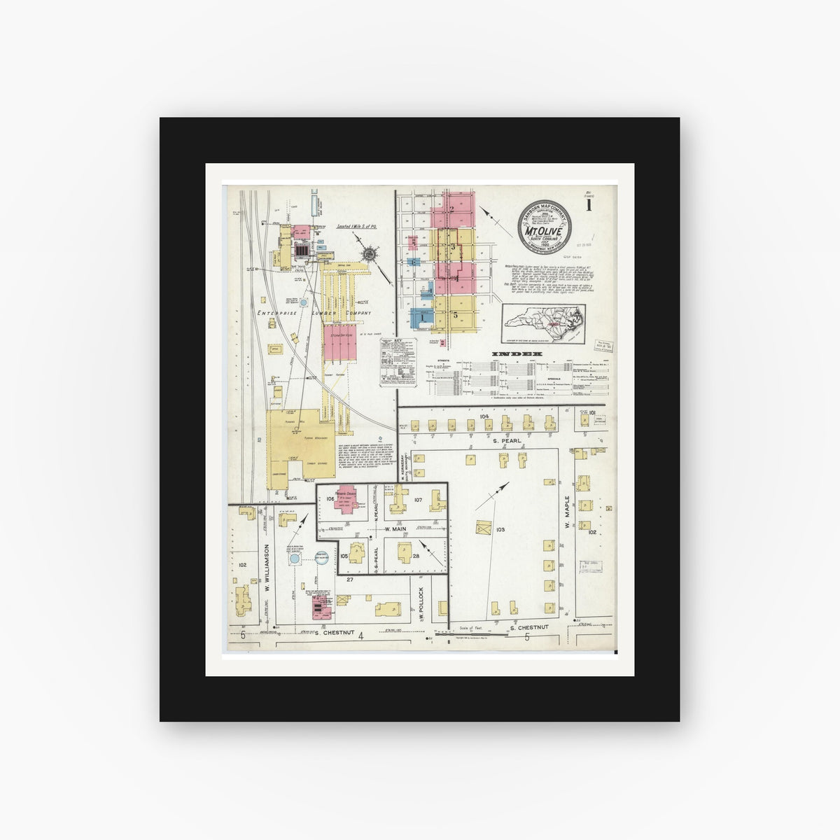 Old map wall art mockup — black gallery frame with white mat — Sanborn Fire Insurance Map from Mount Olive, Wayne County, North Carolina (1920) - Complete Map Set