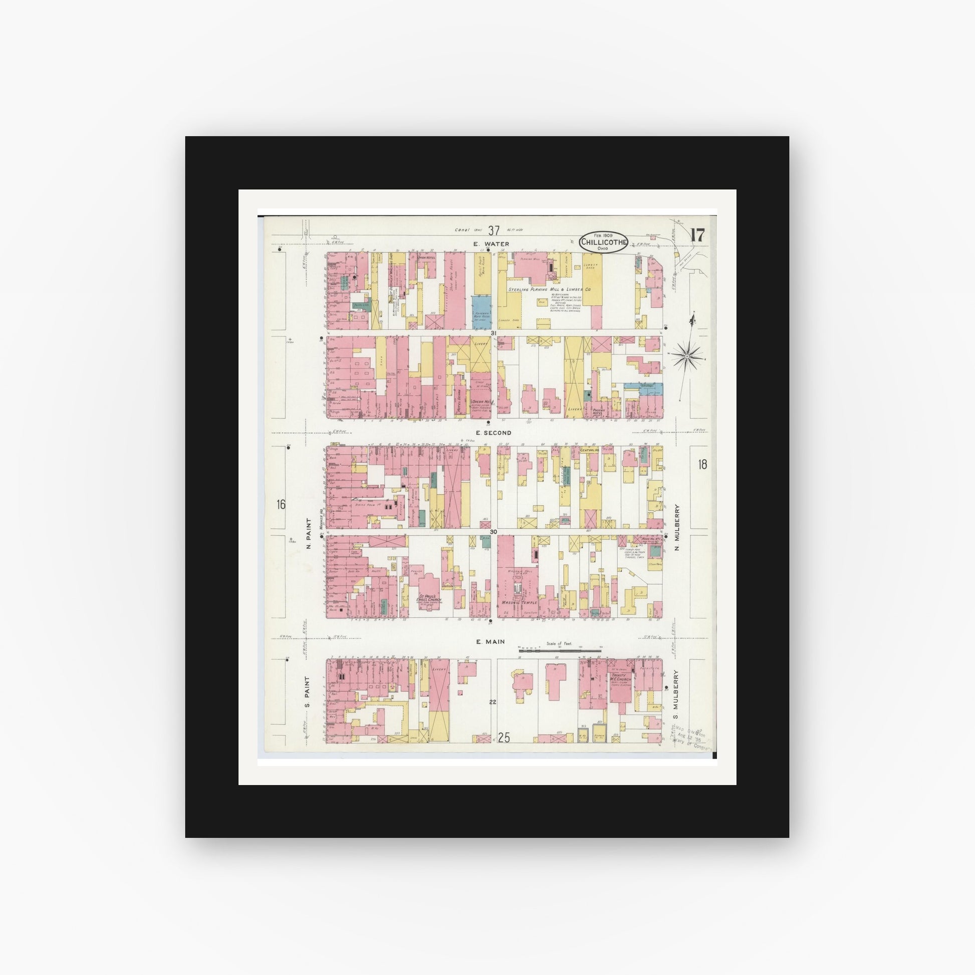 Old map wall art mockup — black gallery frame with white mat — Sanborn Fire Insurance Map from Chillicothe, Ross County, Ohio (1909), Sheet #0017