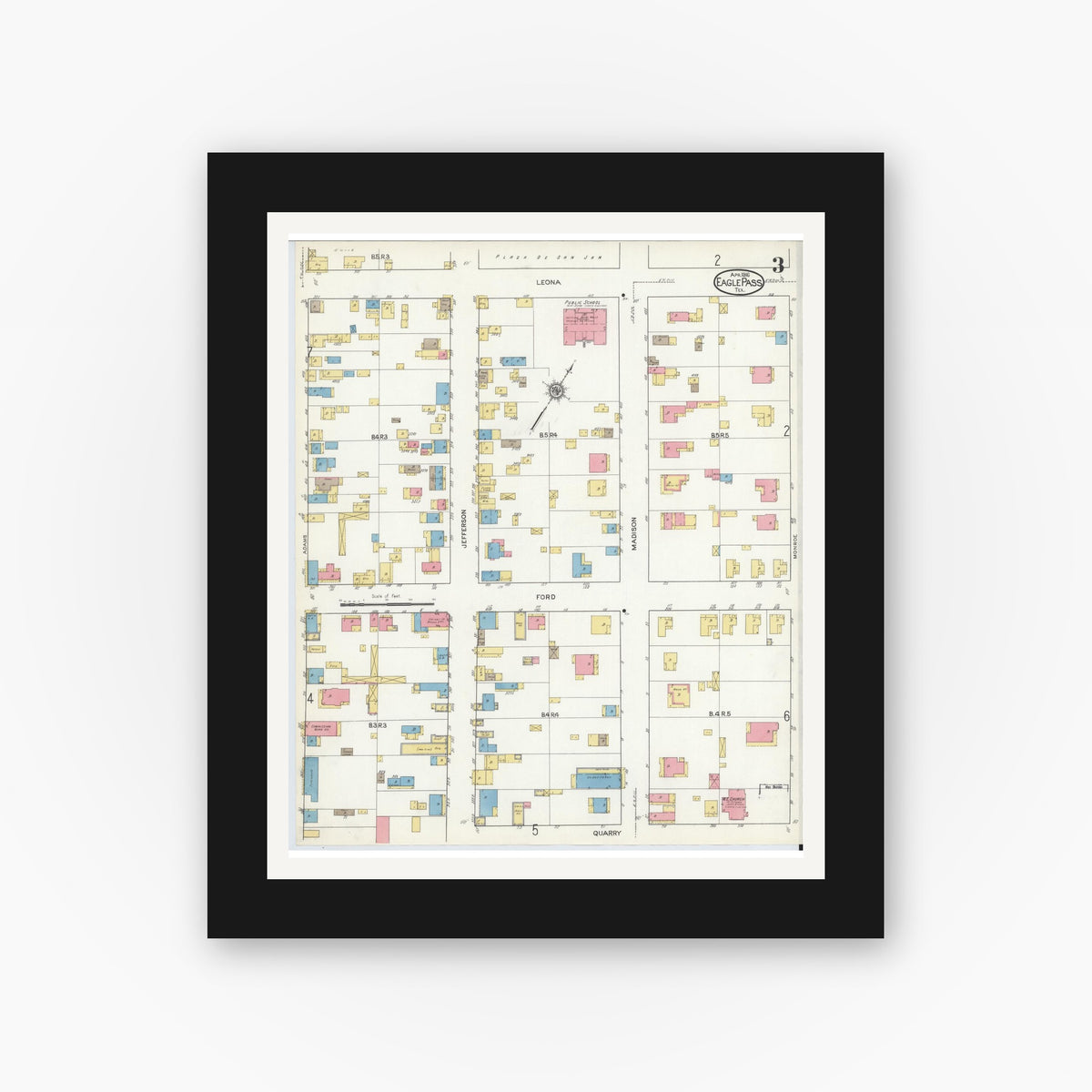 Old map wall art mockup — black gallery frame with white mat — Sanborn Fire Insurance Map from Eagle Pass, Maverick County, Texas (1916), Sheet #0003