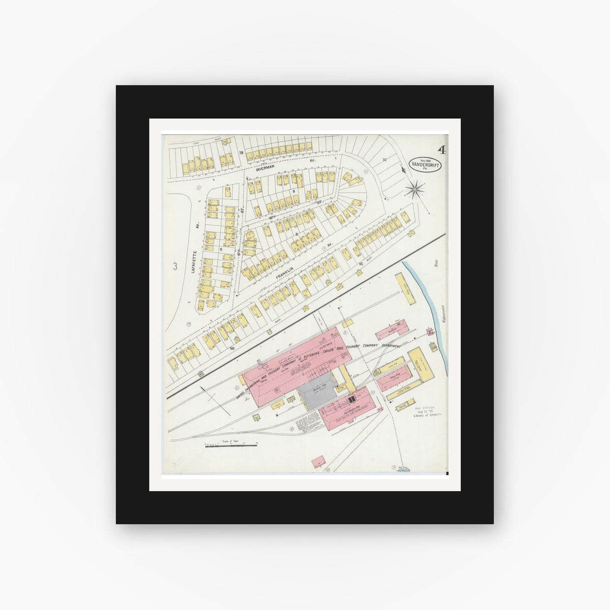 Old map wall art mockup — black gallery frame with white mat — Sanborn Fire Insurance Map from Vandergrift, Westmoreland County, Pennsylvania (1903), Sheet #0004
