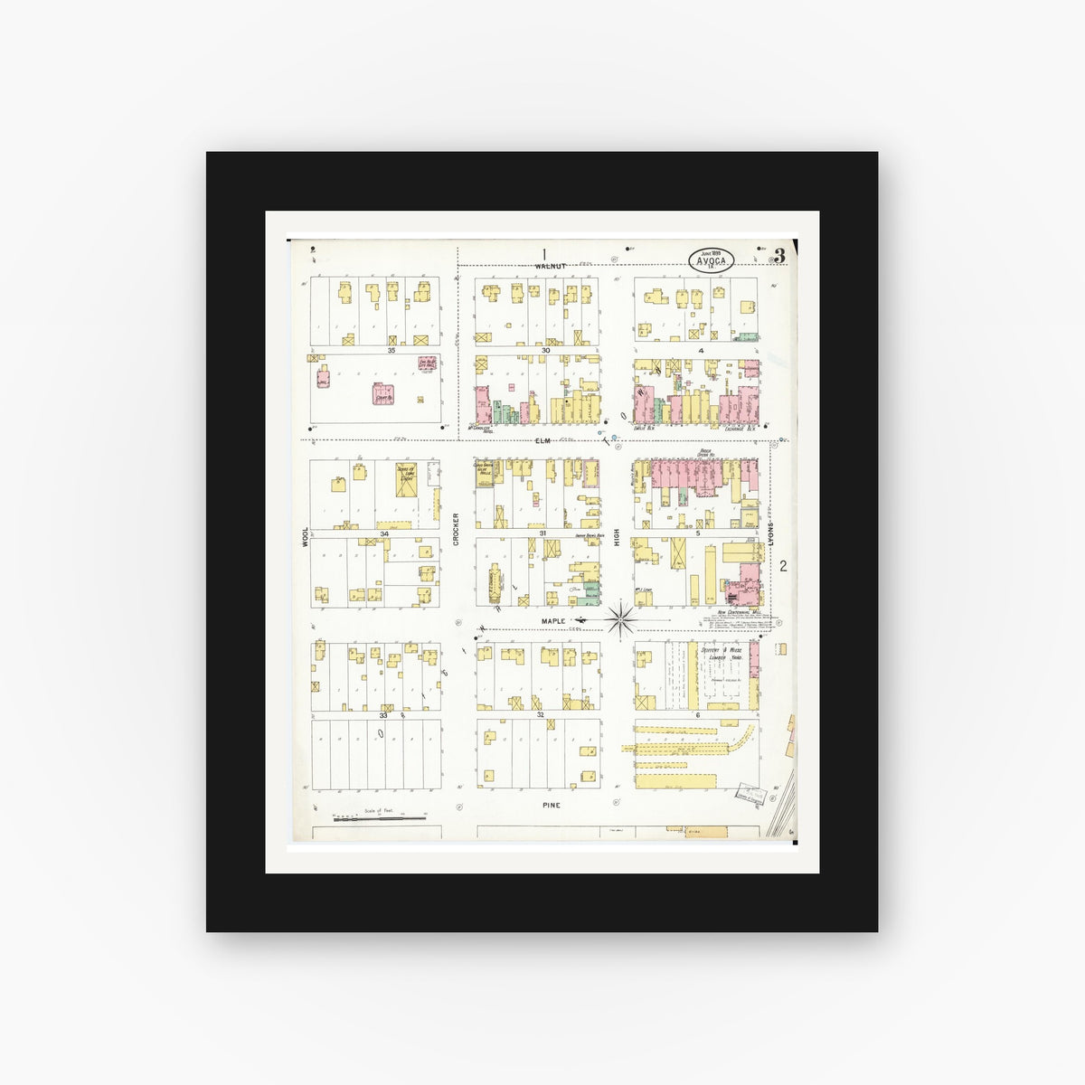 Old map wall art mockup — black gallery frame with white mat — Sanborn Fire Insurance Map from Avoca, Pottawattamie County, Iowa (1899), Sheet #0003