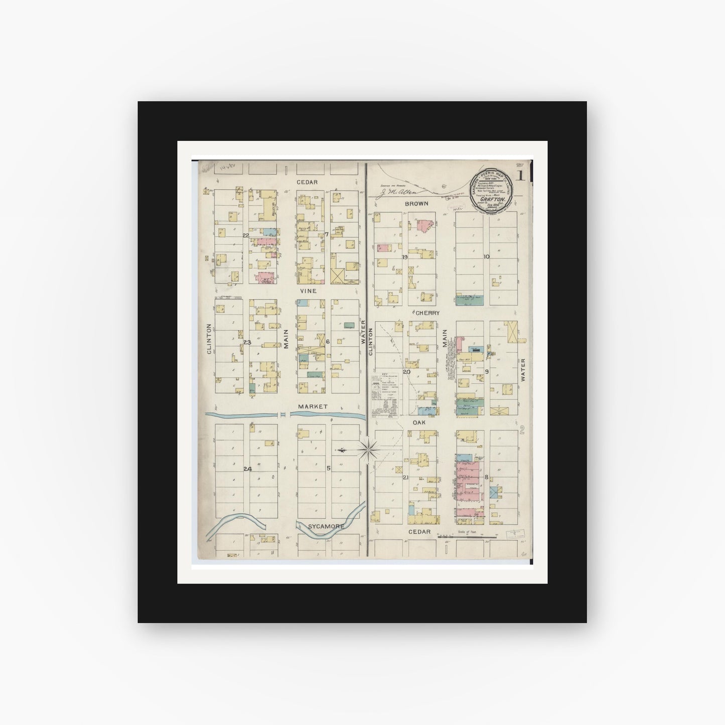 Old map wall art mockup — black gallery frame with white mat — Sanborn Fire Insurance Map from Grafton, Jersey County, Illinois (1894) - Complete Map Set