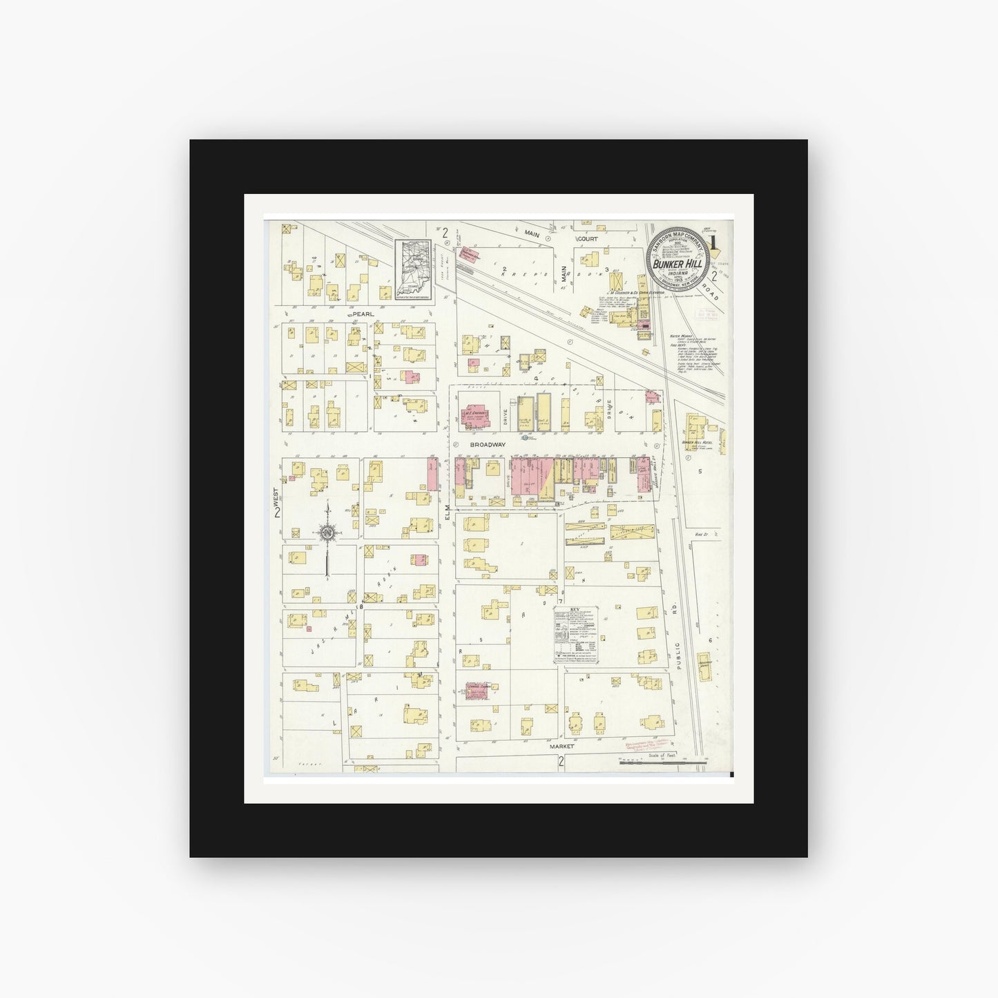 Old map wall art mockup — black gallery frame with white mat — Sanborn Fire Insurance Map from Bunker Hill, Miami County, Indiana (1913), Sheet #0001