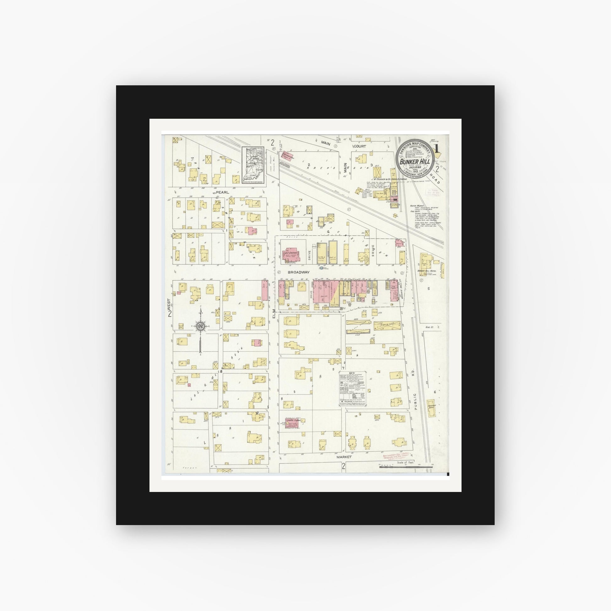 Old map wall art mockup — black gallery frame with white mat — Sanborn Fire Insurance Map from Bunker Hill, Miami County, Indiana (1913), Sheet #0001