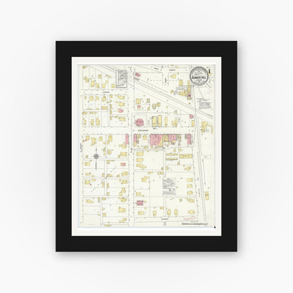 Old map wall art mockup — black gallery frame with white mat — Sanborn Fire Insurance Map from Bunker Hill, Miami County, Indiana (1913), Sheet #0001
