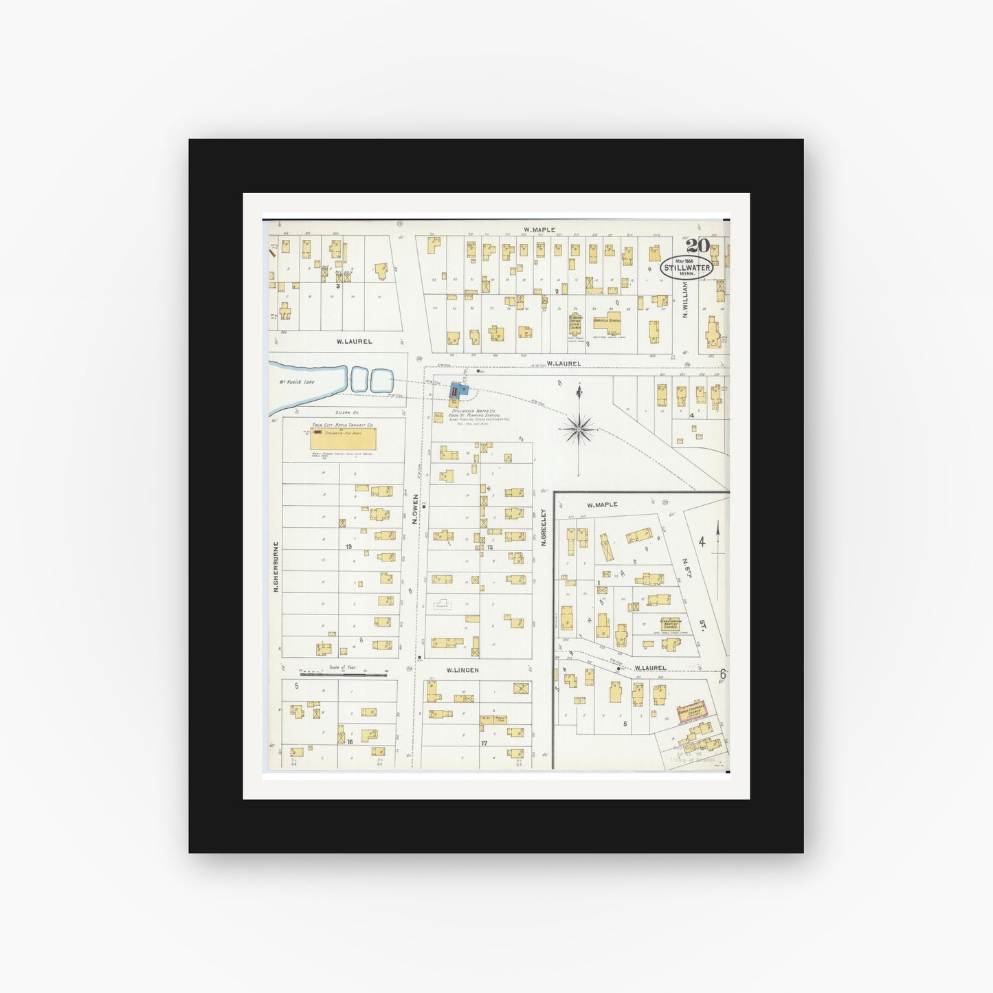 Old map wall art mockup — black gallery frame with white mat — Sanborn Fire Insurance Map from Stillwater, Washington County, Minnesota (1904), Sheet #0020