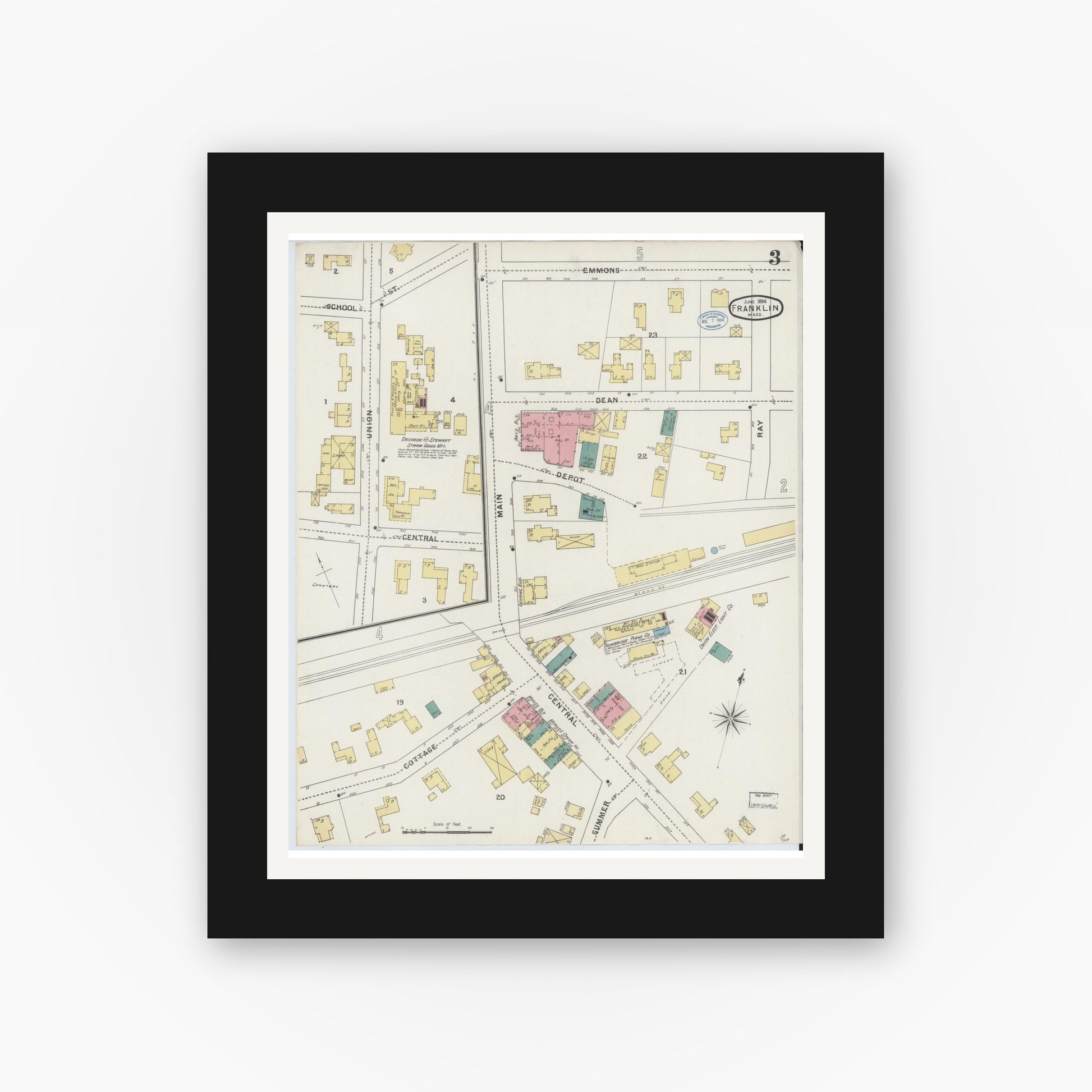 Old map wall art mockup — black gallery frame with white mat — Sanborn Fire Insurance Map from Franklin, Norfolk County, Massachusetts (1894), Sheet #0003