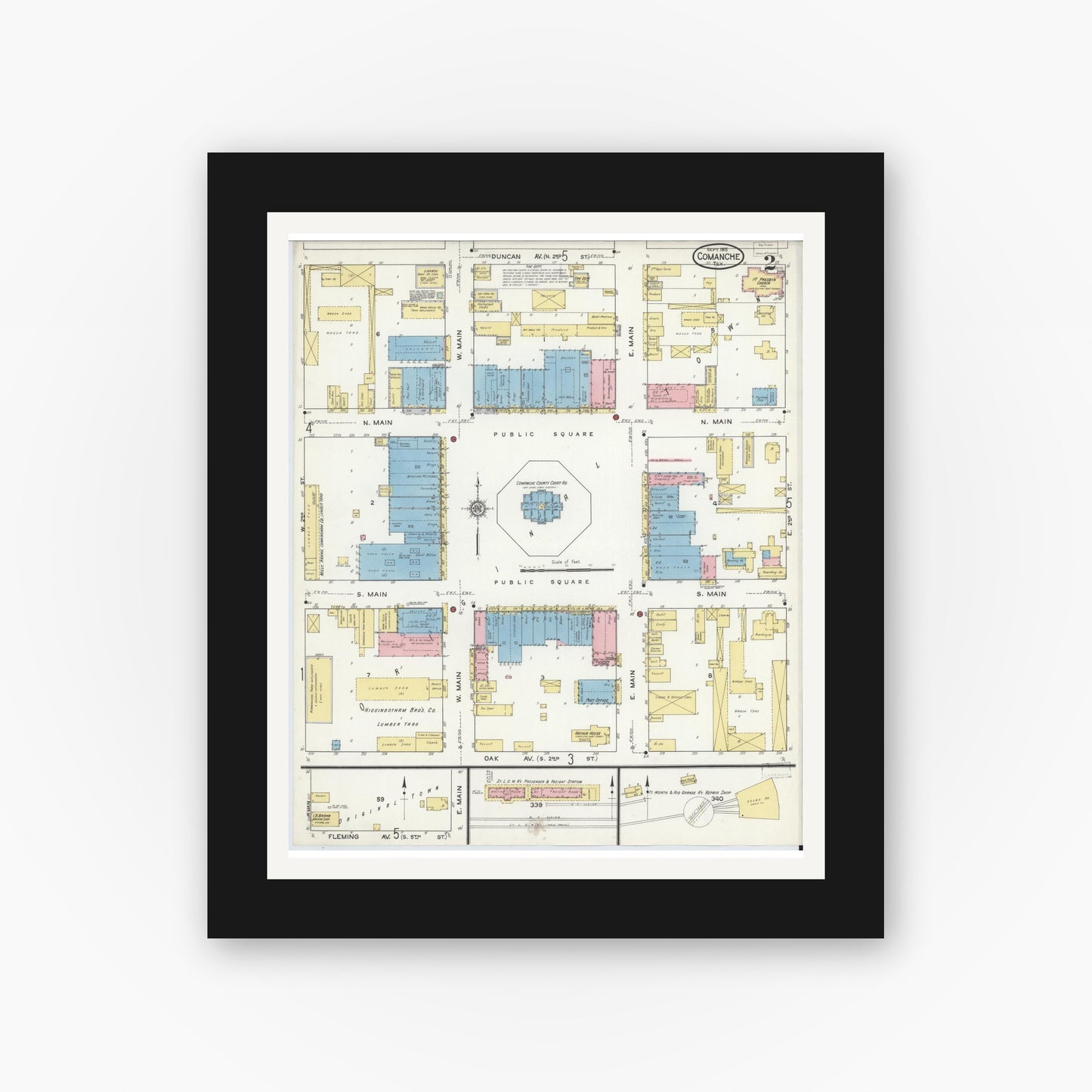 Old map wall art mockup — black gallery frame with white mat — Sanborn Fire Insurance Map from Comanche, Comanche County, Texas (1915), Sheet #0002