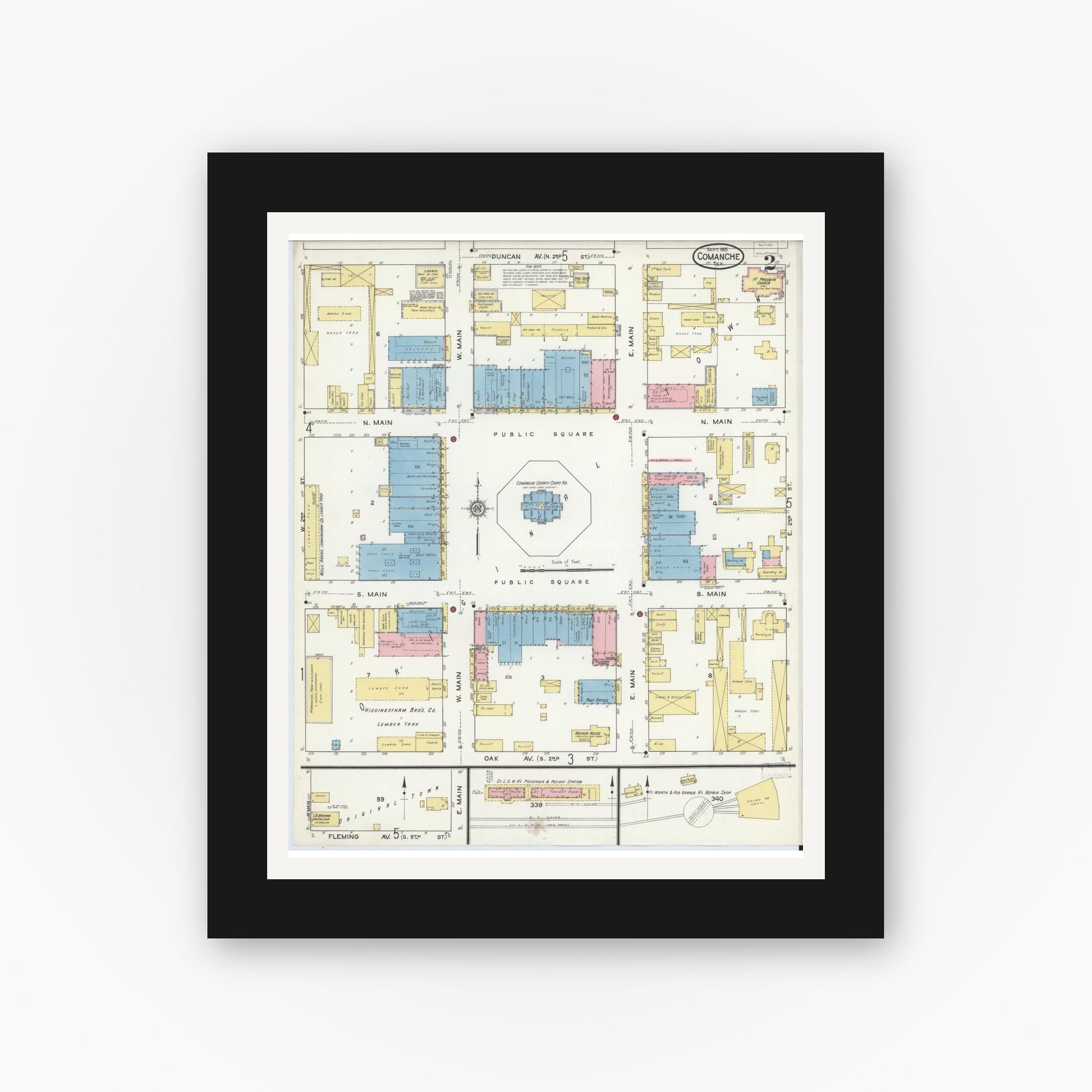 Old map wall art mockup — black gallery frame with white mat — Sanborn Fire Insurance Map from Comanche, Comanche County, Texas (1915), Sheet #0002