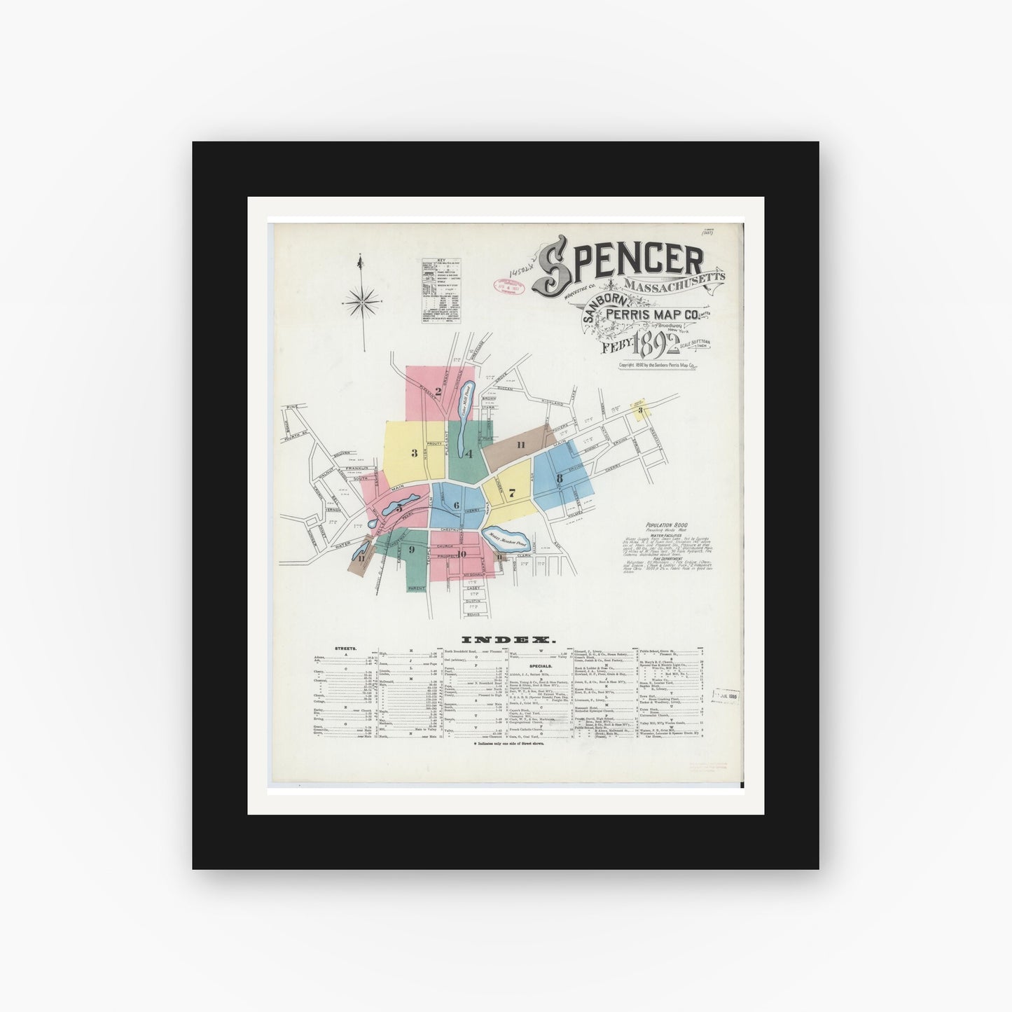 Old map wall art mockup — black gallery frame with white mat — Sanborn Fire Insurance Map from Spencer, Worcester County, Massachusetts (1892), Sheet #0001