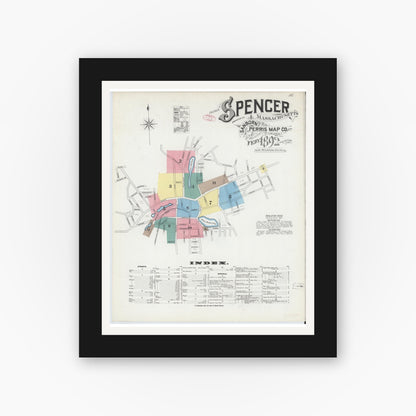 Old map wall art mockup — black gallery frame with white mat — Sanborn Fire Insurance Map from Spencer, Worcester County, Massachusetts (1892), Sheet #0001