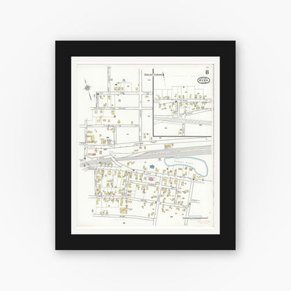 Old map wall art mockup — black gallery frame with white mat — Sanborn Fire Insurance Map from Ayer, Middlesex County, Massachusetts (1921), Sheet #0008