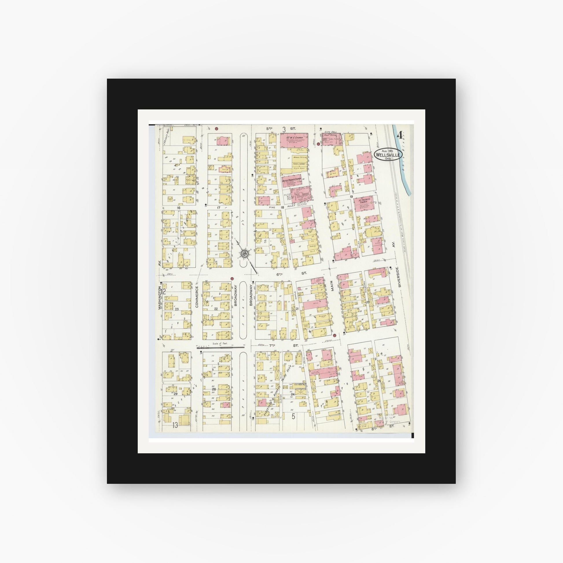 Old map wall art mockup — black gallery frame with white mat — Sanborn Fire Insurance Map from Wellsville, Columbiana County, Ohio (1915), Sheet #0004