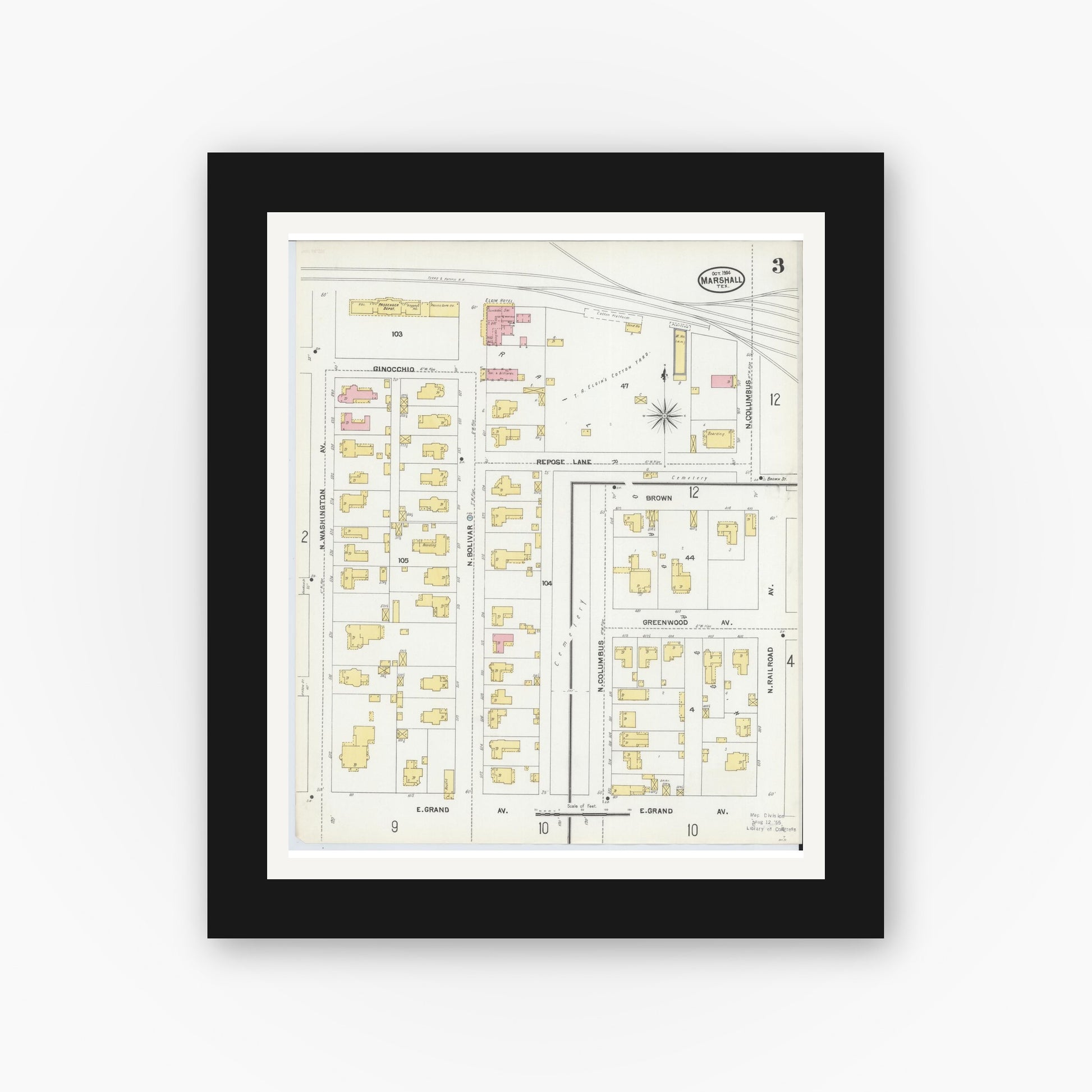Old map wall art mockup — black gallery frame with white mat — Sanborn Fire Insurance Map from Marshall, Harrison County, Texas (1904), Sheet #0003