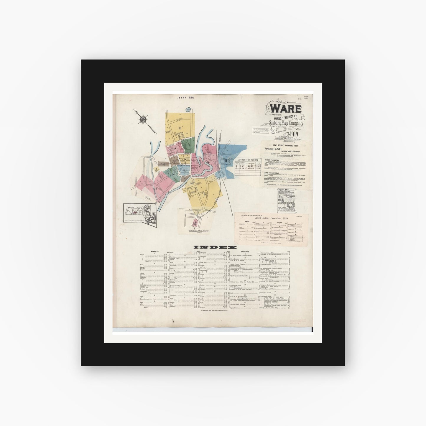 Old map wall art mockup — black gallery frame with white mat — Sanborn Fire Insurance Map from Ware, Hampshire County, Massachusetts (1946), Sheet #0001