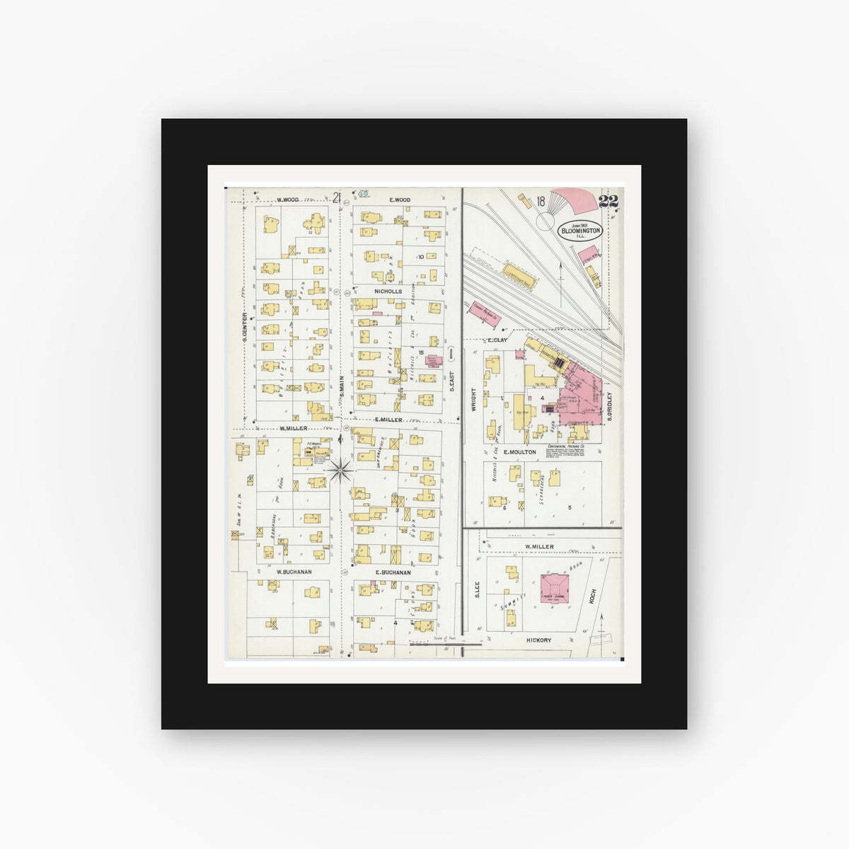 Old map wall art mockup — black gallery frame with white mat — Sanborn Fire Insurance Map from Bloomington, McLean County, Illinois (1901), Sheet #0022