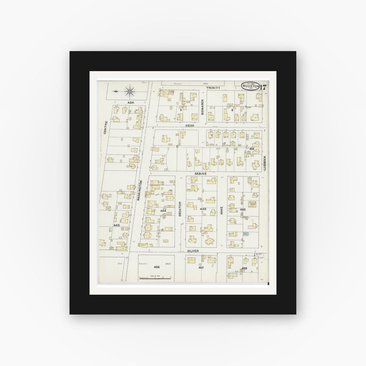 Old map wall art mockup — black gallery frame with white mat — Sanborn Fire Insurance Map from Houston, Harris County, Texas (1890), Sheet #0017