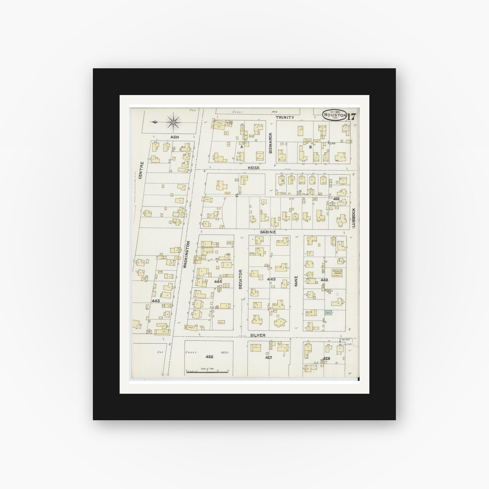 Old map wall art mockup — black gallery frame with white mat — Sanborn Fire Insurance Map from Houston, Harris County, Texas (1890), Sheet #0017