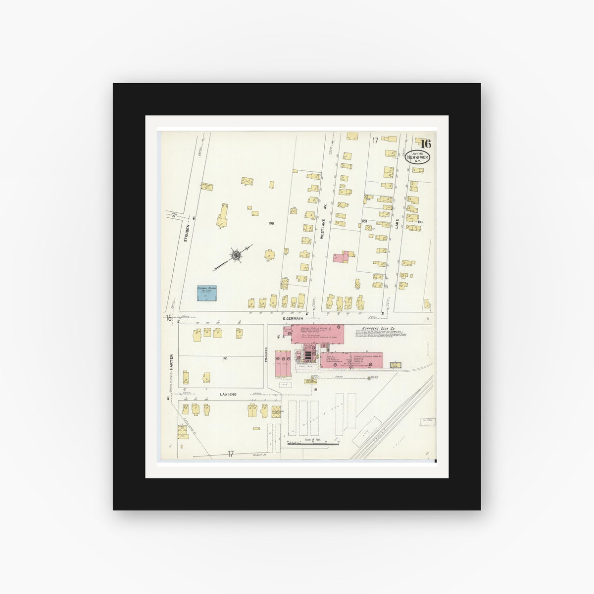 Old map wall art mockup — black gallery frame with white mat — Sanborn Fire Insurance Map from Herkimer, Herkimer County, New York (1911), Sheet #0016
