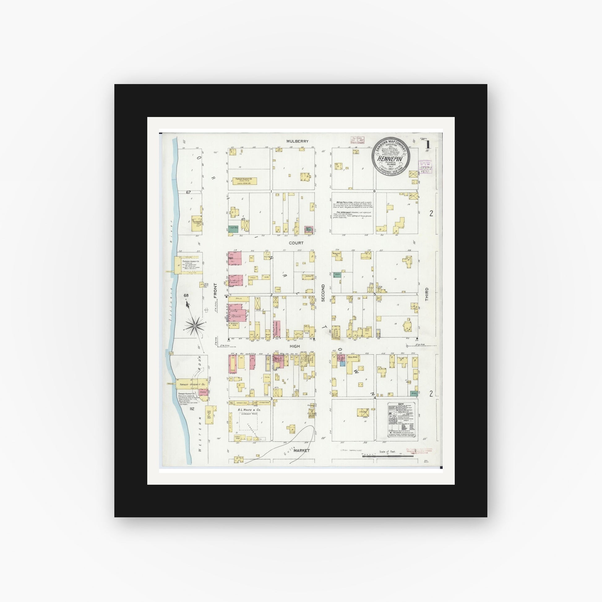 Old map wall art mockup — black gallery frame with white mat — Sanborn Fire Insurance Map from Hennepin, Putnam County, Illinois (1907), Sheet #0001