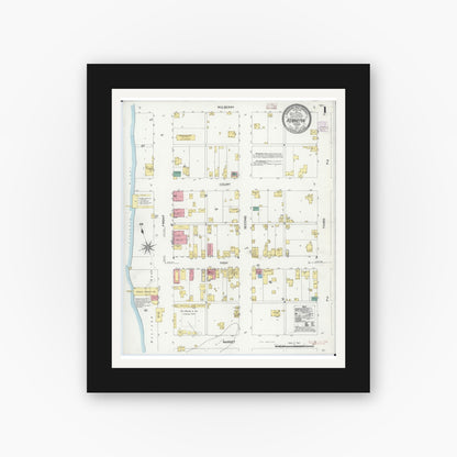 Old map wall art mockup — black gallery frame with white mat — Sanborn Fire Insurance Map from Hennepin, Putnam County, Illinois (1907), Sheet #0001