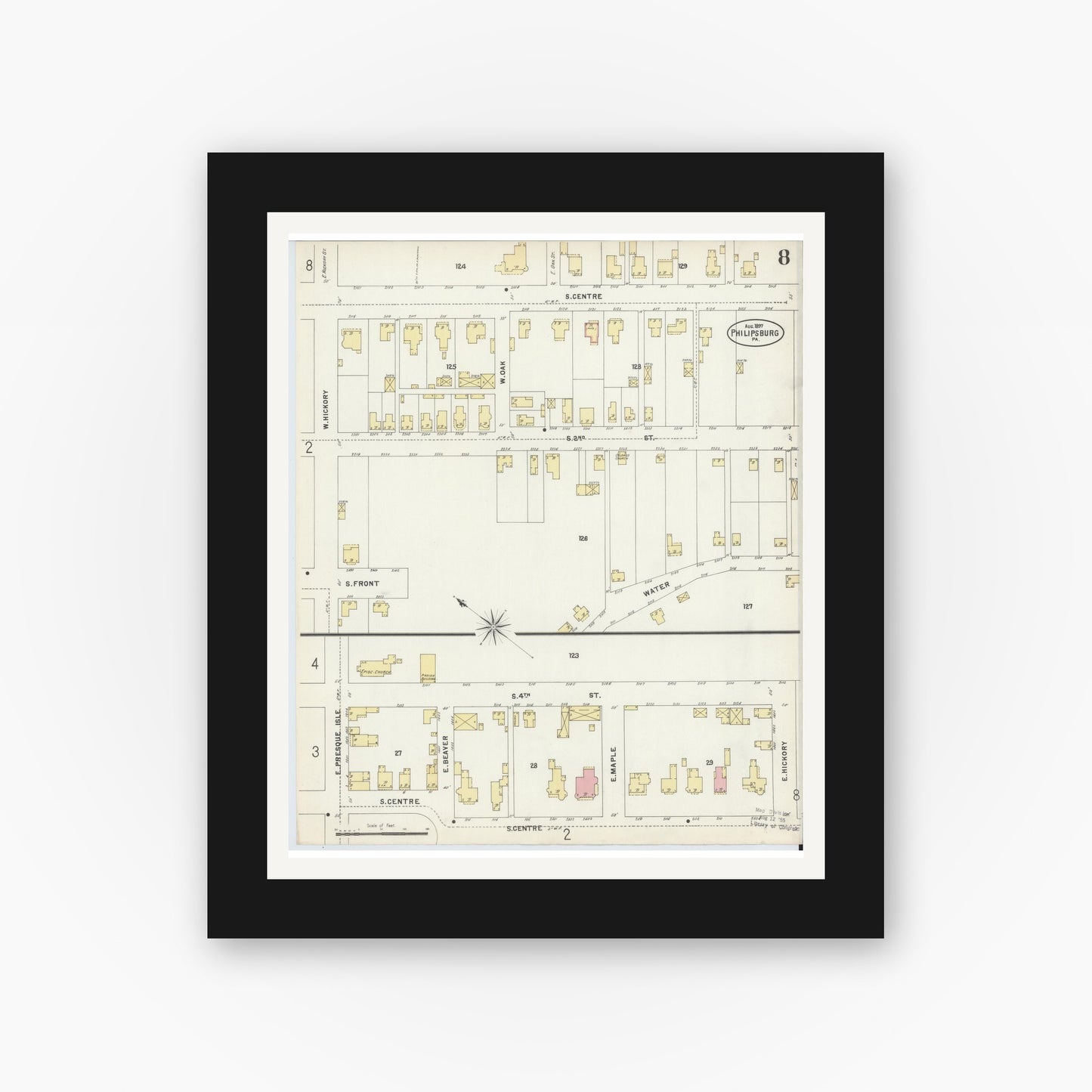 Old map wall art mockup — black gallery frame with white mat — Sanborn Fire Insurance Map from Philipsburg, Centre County, Pennsylvania (1897), Sheet #0008