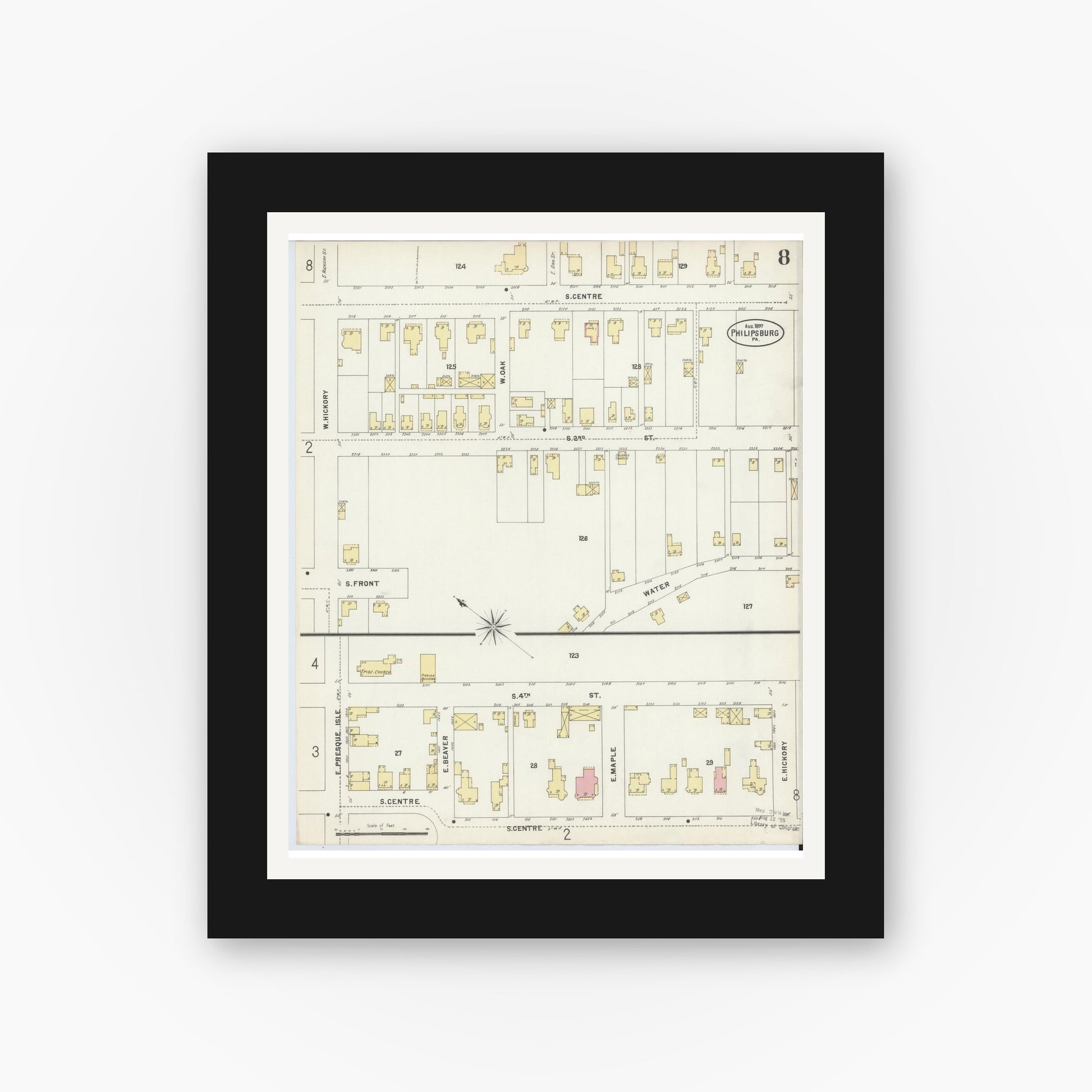 Old map wall art mockup — black gallery frame with white mat — Sanborn Fire Insurance Map from Philipsburg, Centre County, Pennsylvania (1897), Sheet #0008