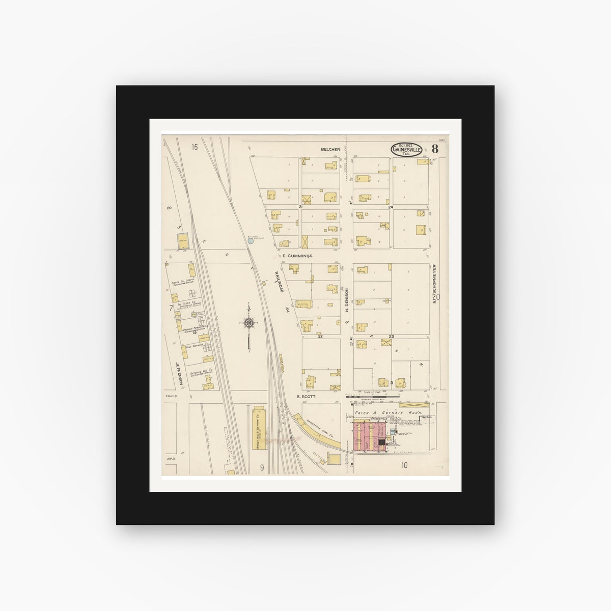 Old map wall art mockup — black gallery frame with white mat — Sanborn Fire Insurance Map from Gainesville, Cooke County, Texas (1922), Sheet #0008