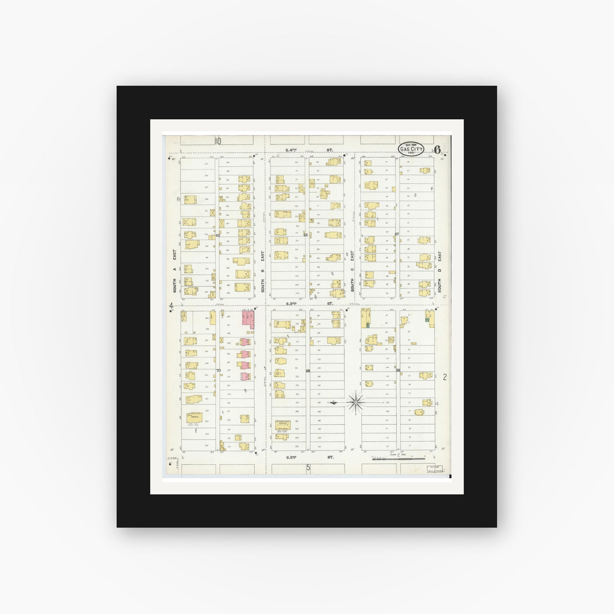 Old map wall art mockup — black gallery frame with white mat — Sanborn Fire Insurance Map from Gas City, Grant County, Indiana (1904), Sheet #0006