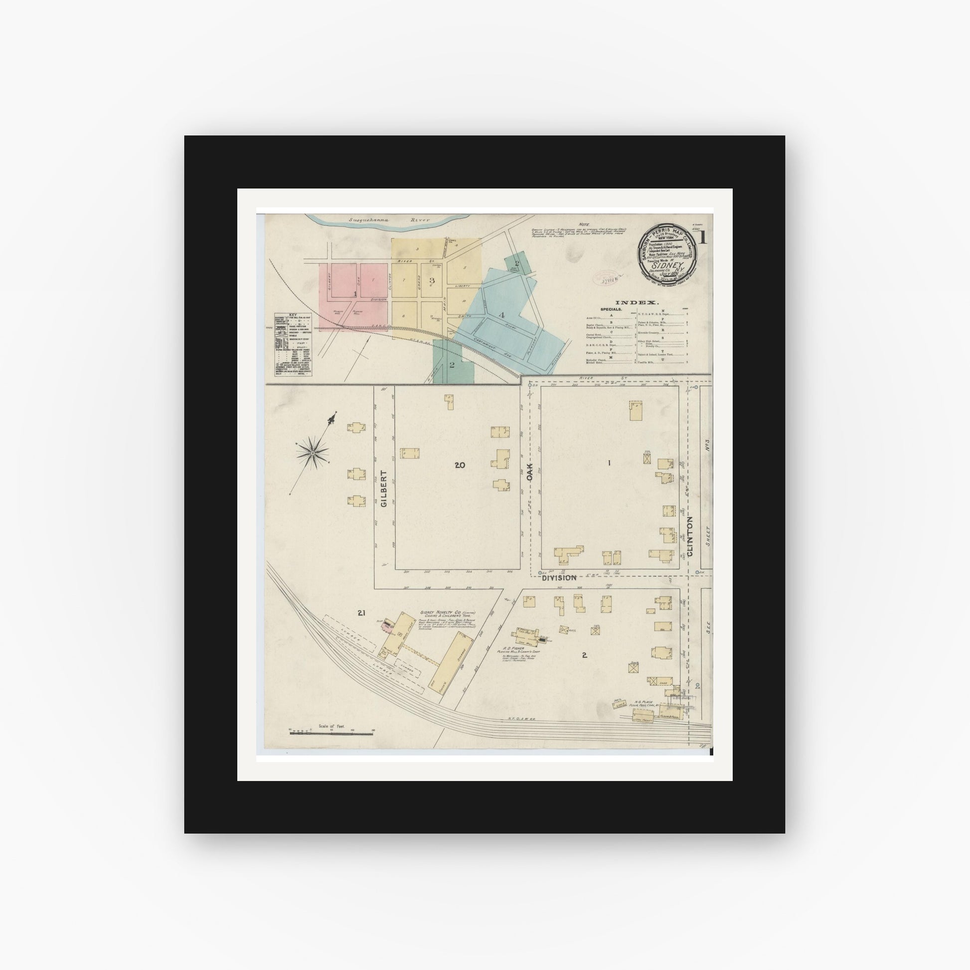 Old map wall art mockup — black gallery frame with white mat — Sanborn Fire Insurance Map from Sidney, Delaware County, New York (1891), Sheet #0001
