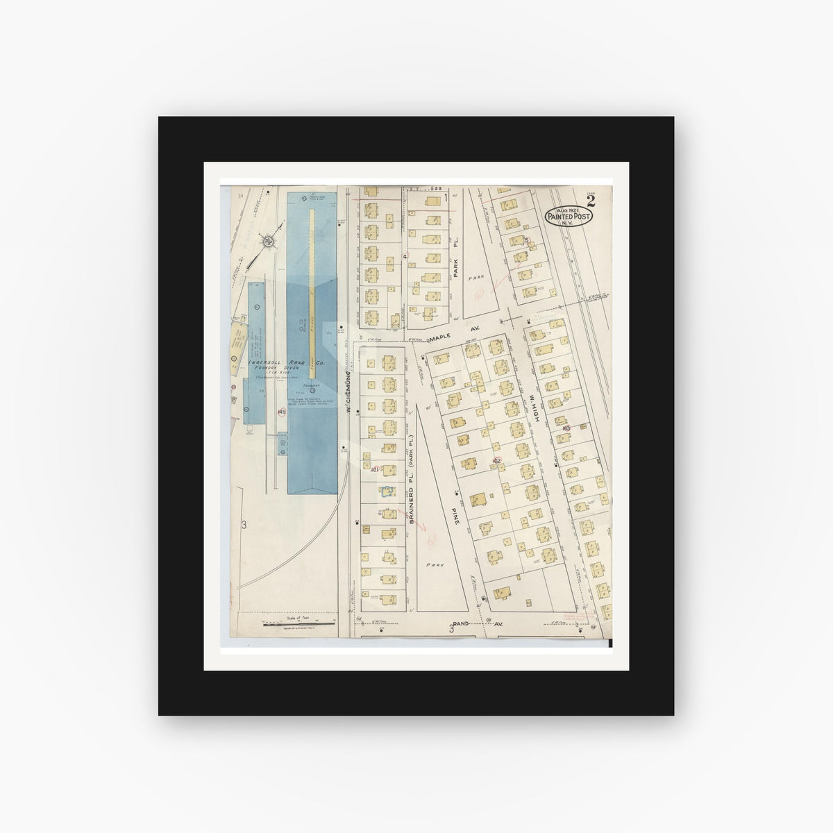 Old map wall art mockup — black gallery frame with white mat — Sanborn Fire Insurance Map from Painted Post, Steuben County, New York (1943), Sheet #0002