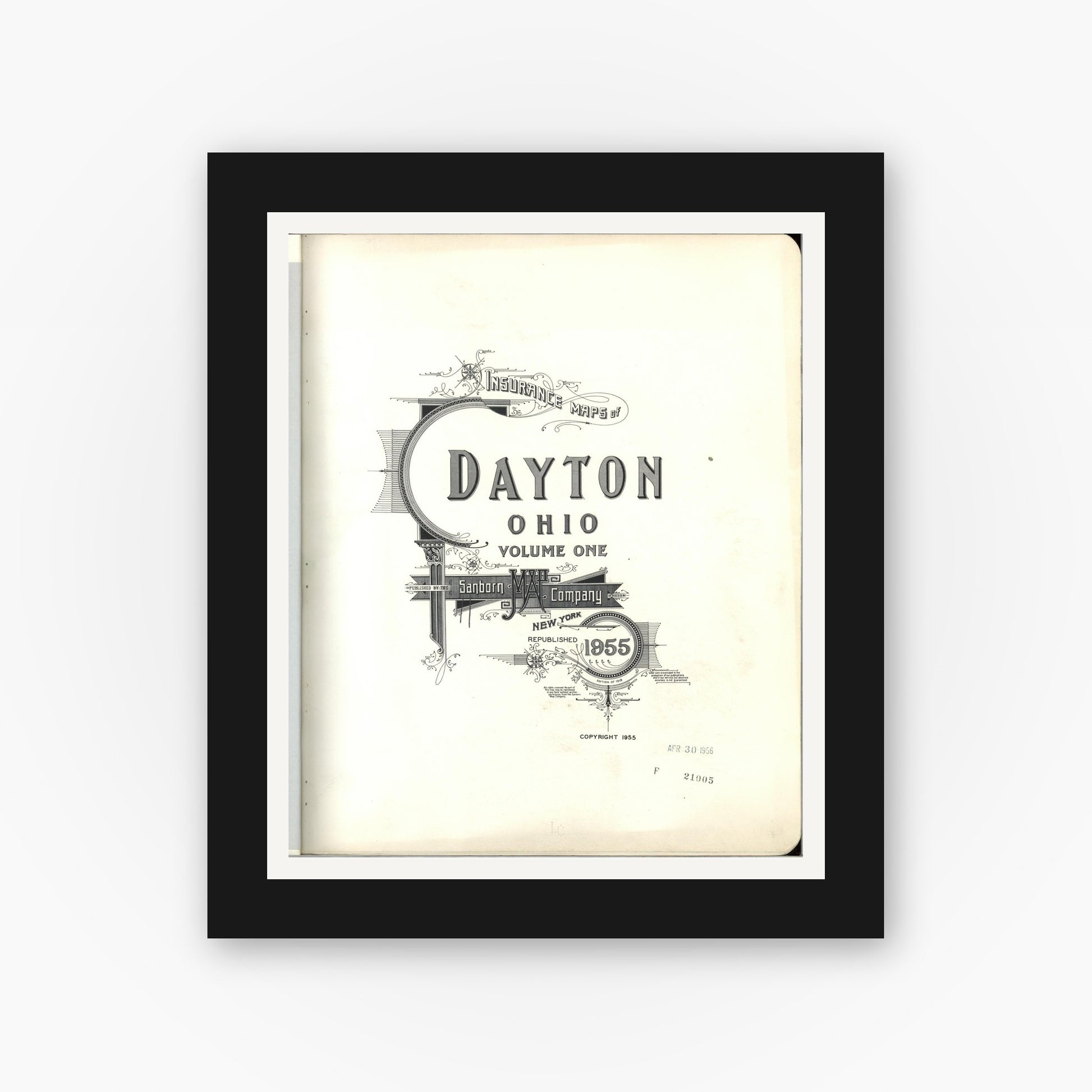 Old map wall art mockup — black gallery frame with white mat — Sanborn Fire Insurance Map from Dayton, Montgomery County, Ohio (1955), Sheet #0001