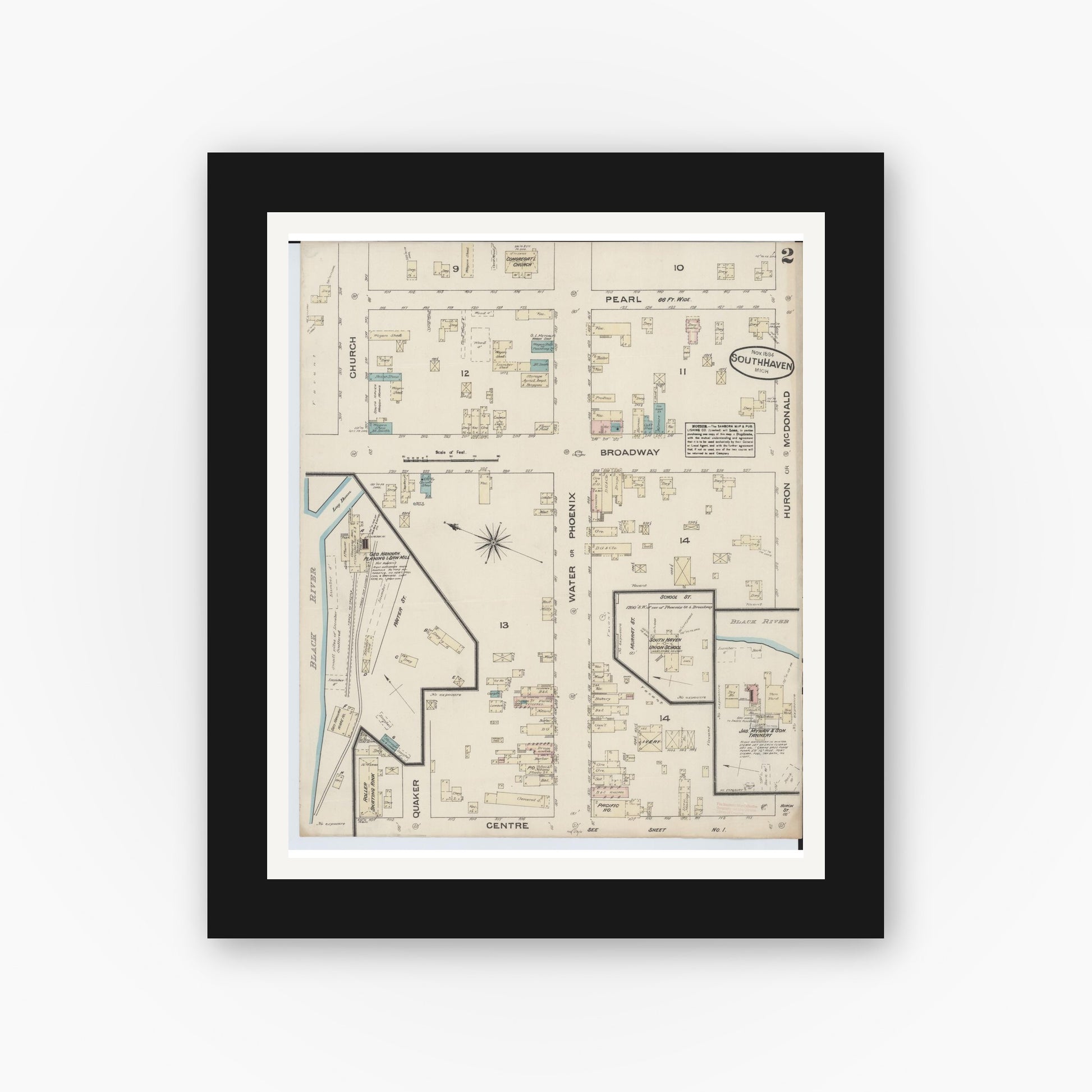 Old map wall art mockup — black gallery frame with white mat — Sanborn Fire Insurance Map from South Haven, Van Buren County, Michigan (1884), Sheet #0002