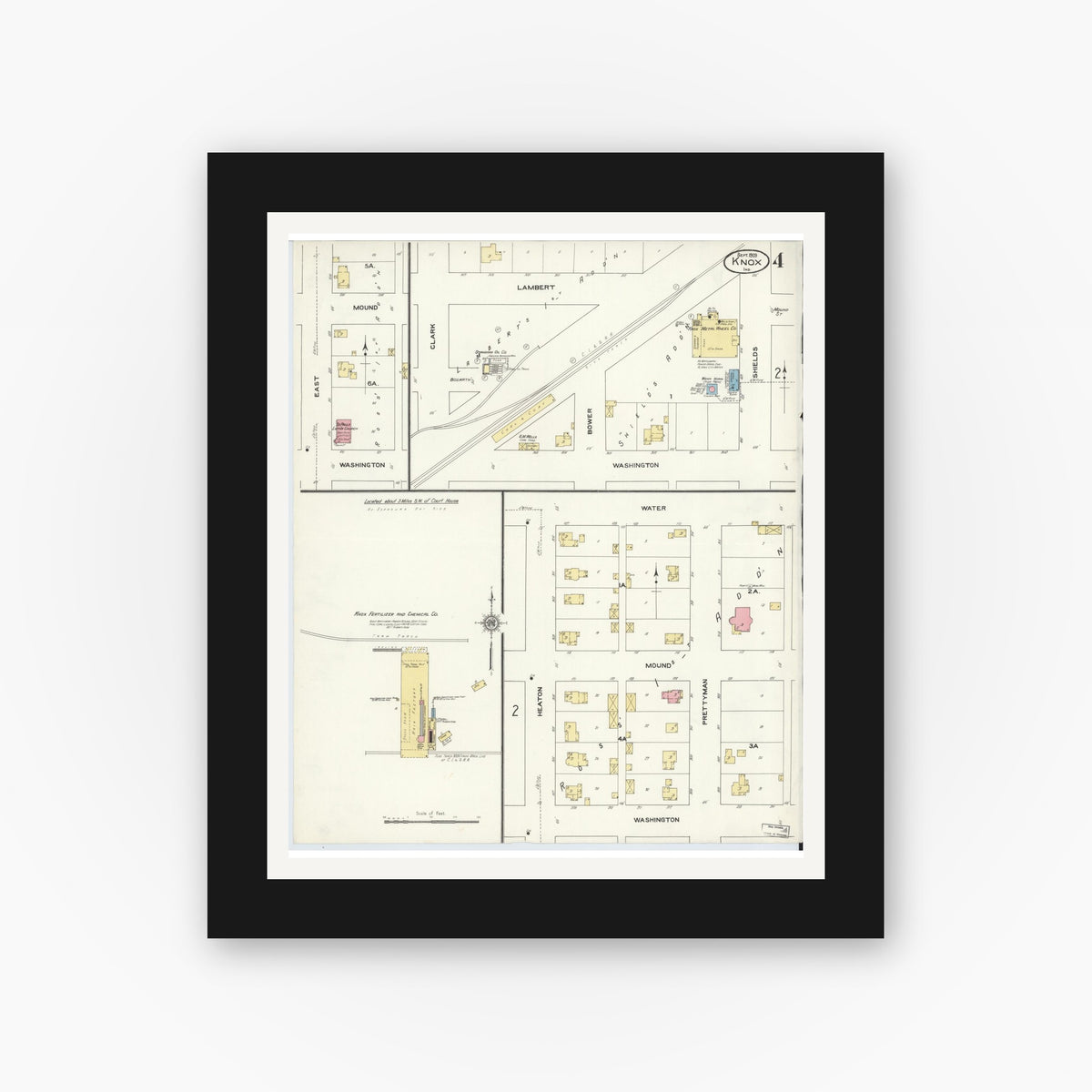 Old map wall art mockup — black gallery frame with white mat — Sanborn Fire Insurance Map from Knox, Starke County, Indiana (1909), Sheet #0004